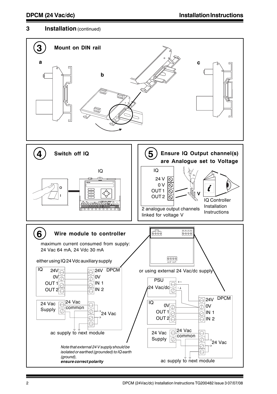 Dpcm (24 vac/dc) installation instructions, 3installation, Mount on din rail | Ab c switch off iq, Wire module to controller, Continued) | TREND DPCM (24 Vac_dc) User Manual | Page 2 / 4