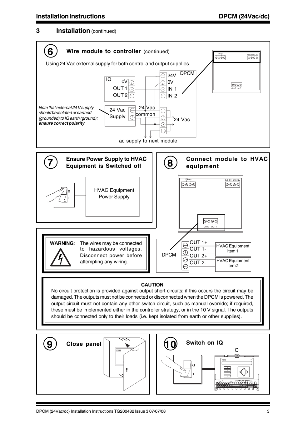 Connect module to hvac equipment, Wire module to controller, Close panel | Switch on iq, Continued), Hvac equipment power supply | TREND DPCM (24 Vac_dc) User Manual | Page 3 / 4