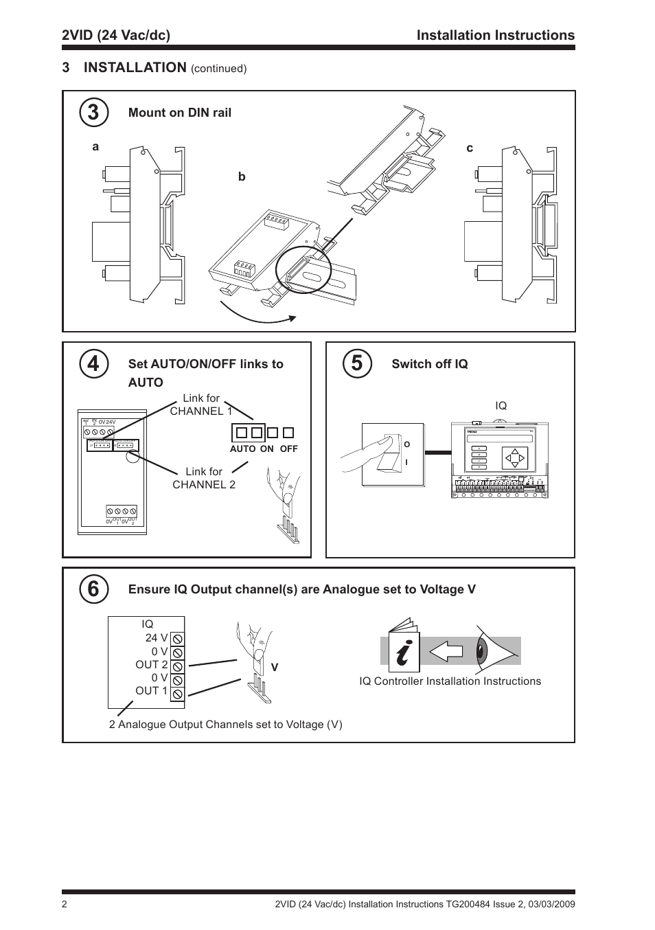 3 installation, 2vid (24 vac/dc) installation instructions, Mount on din rail | Ab c set auto/on/off links to auto, Switch off iq, Continued), Link for channel 1 link for channel 2 | TREND 2VID (24 Vac_dc) User Manual | Page 2 / 4