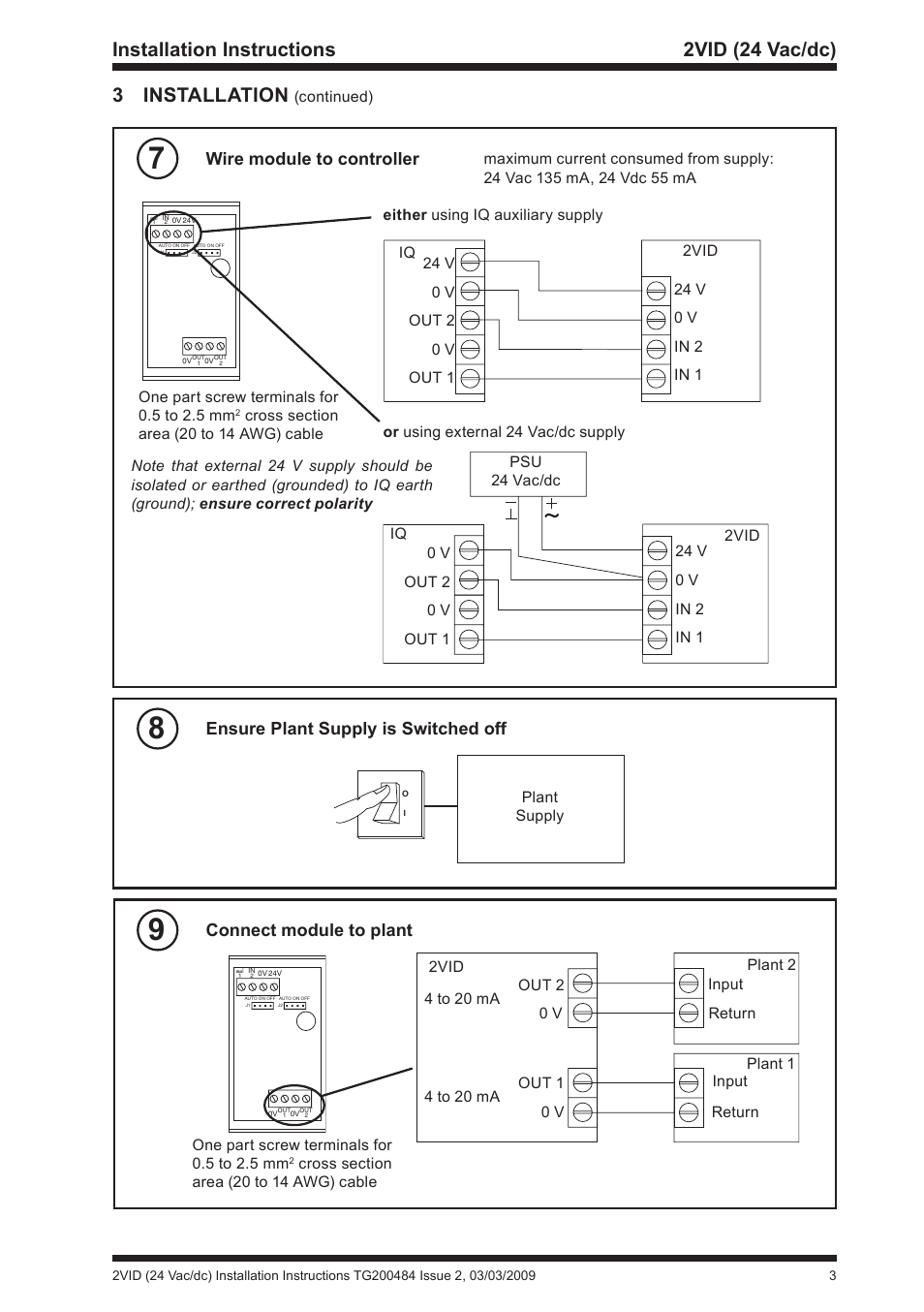 3 installation, Installation instructions 2vid (24 vac/dc), Wire module to controller | Ensure plant supply is switched off, Connect module to plant | TREND 2VID (24 Vac_dc) User Manual | Page 3 / 4