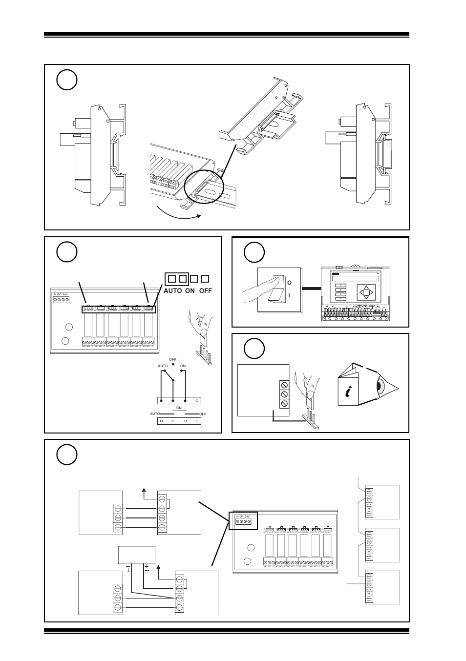 6rm/24vac installation instructions, 3installation, Mount on din rail | Ab c set auto/on/off links to auto, Wire module to controller, Switch off iq, Continued), 6rm xrm xrm 24 v loop, Cable size 0.5 to 2.5 mm | TREND 6RM_24VAC User Manual | Page 2 / 4