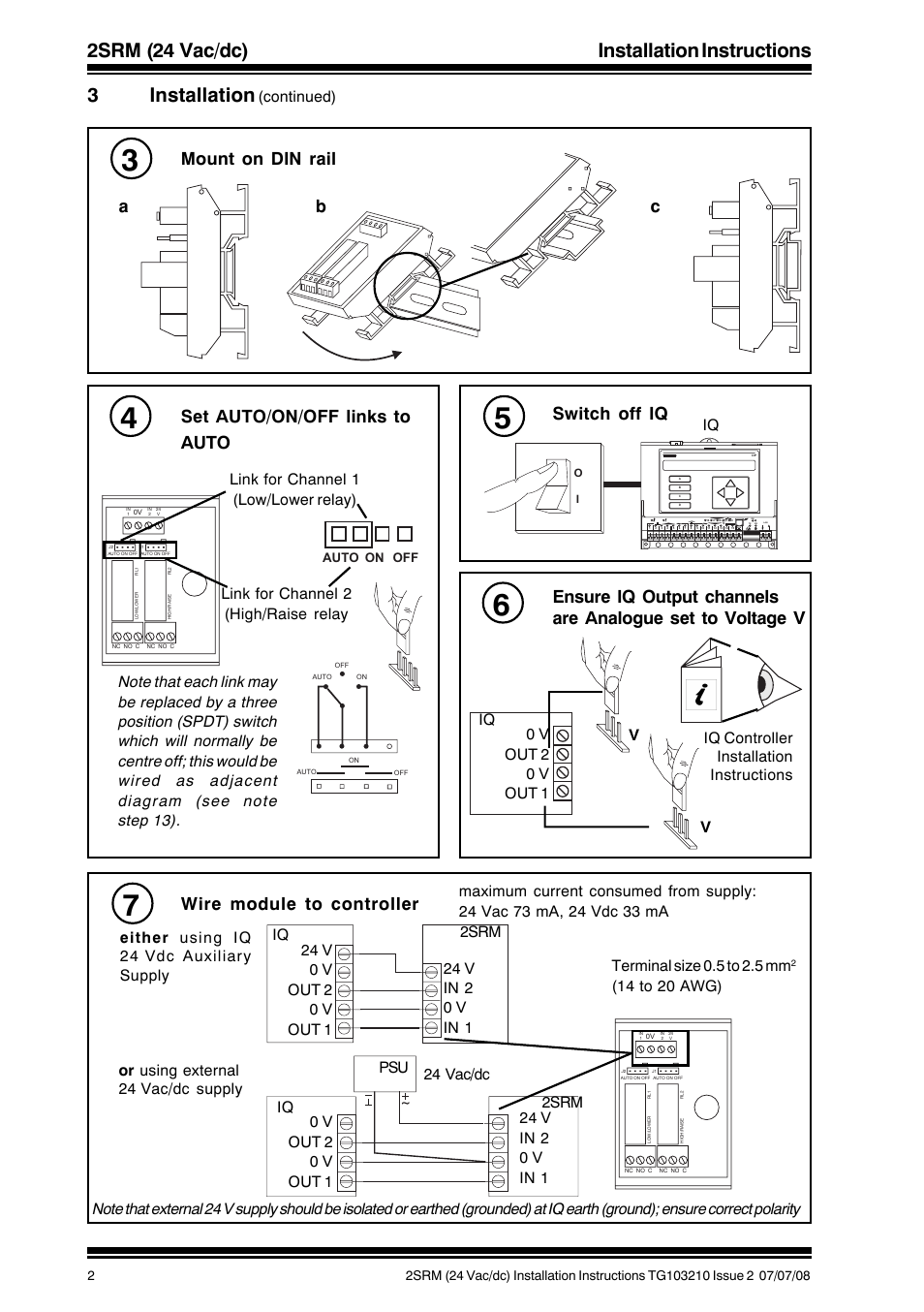 2srm (24 vac/dc) installation instructions, 3installation, Mount on din rail | Ab c set auto/on/off links to auto, Switch off iq, Wire module to controller, Continued) | TREND 2SRM (24 Vac_dc) User Manual | Page 2 / 4