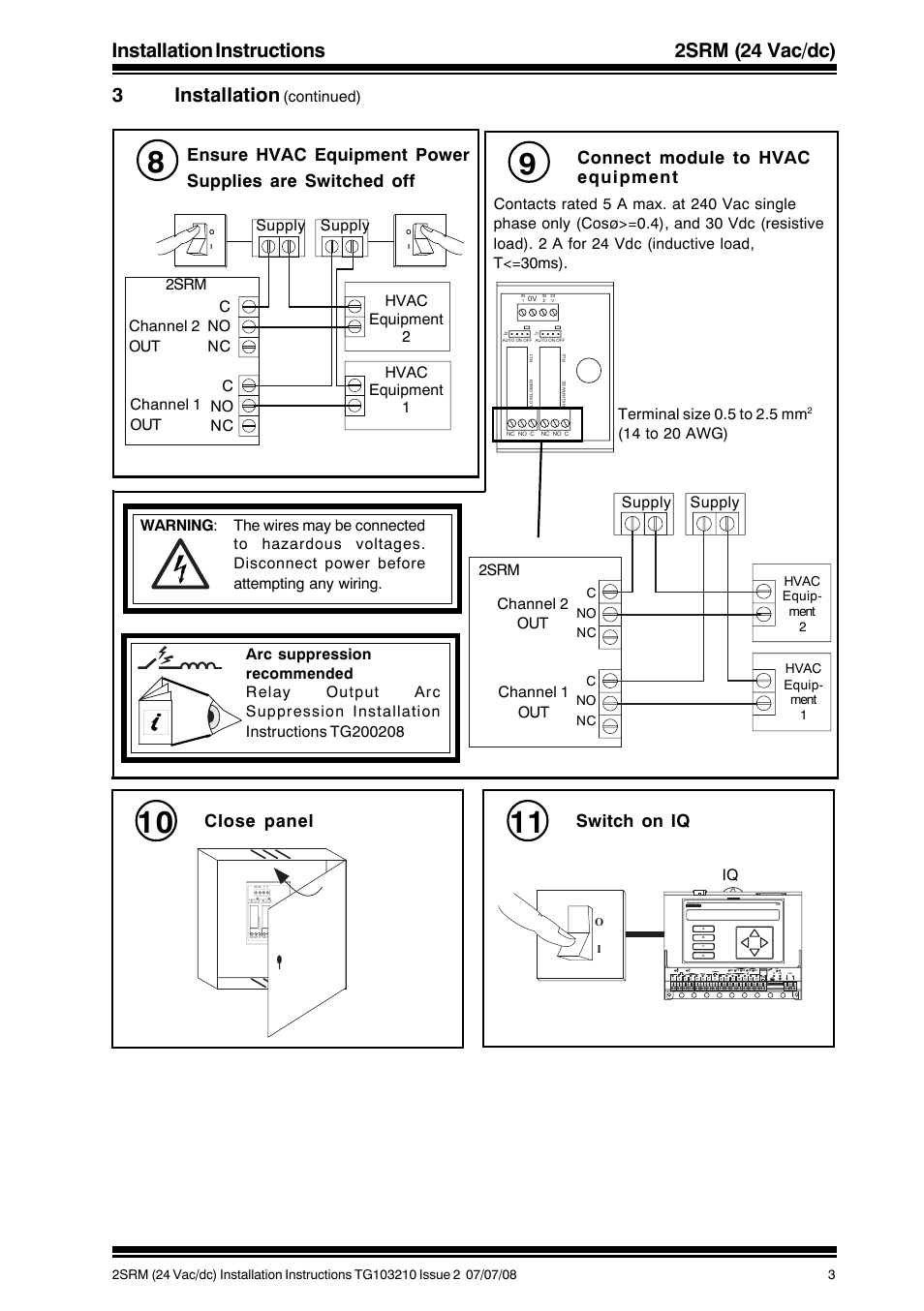 Connect module to hvac equipment, Close panel, Switch on iq | Continued), 14 to 20 awg) supply c no nc, 2srm, Iq hvac equipment 1 | TREND 2SRM (24 Vac_dc) User Manual | Page 3 / 4