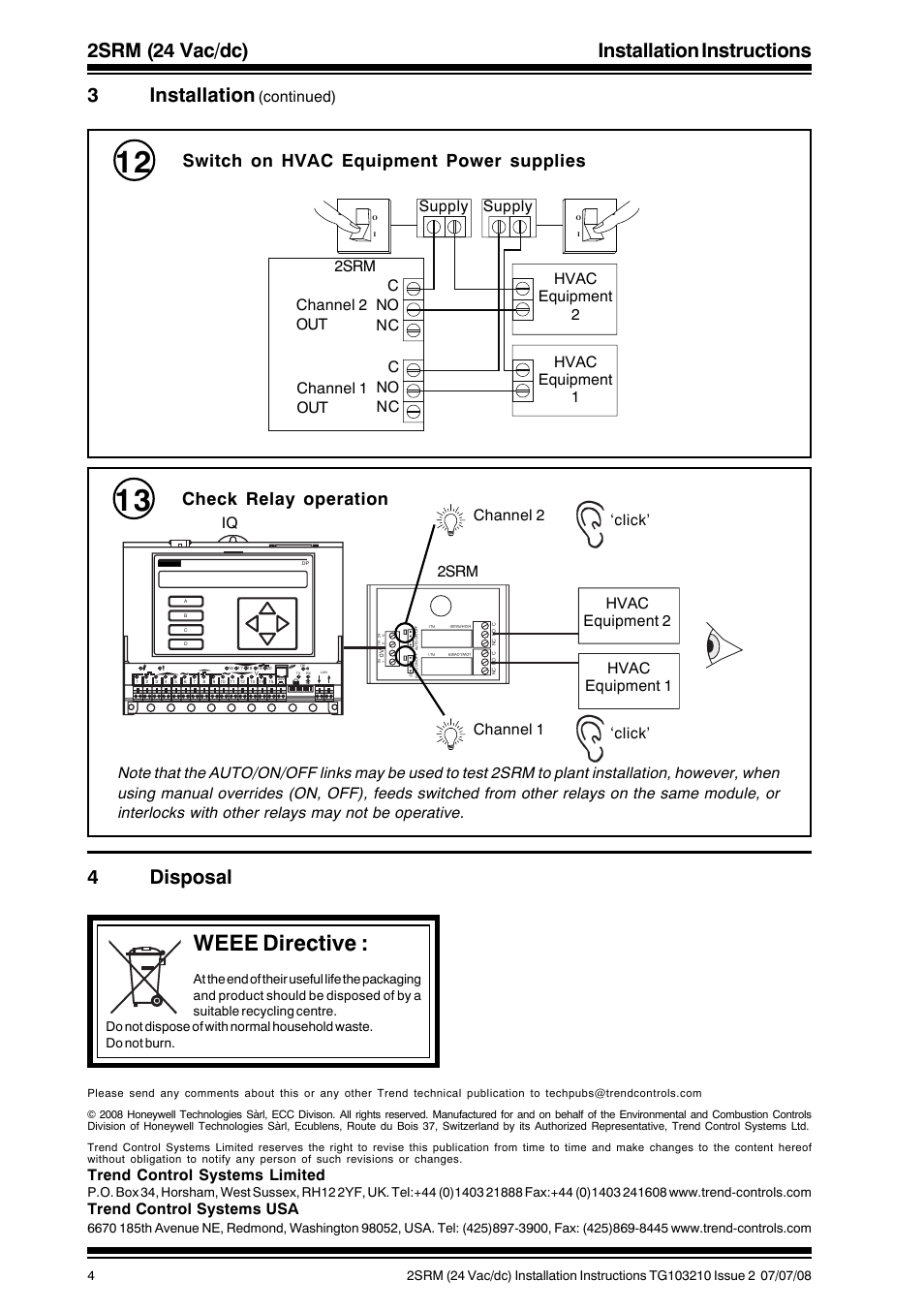 Weee directive, 2srm (24 vac/dc) installation instructions, 3installation | 4disposal, Switch on hvac equipment power supplies, Check relay operation, Trend control systems limited, Trend control systems usa, Continued), Iq ‘click | TREND 2SRM (24 Vac_dc) User Manual | Page 4 / 4