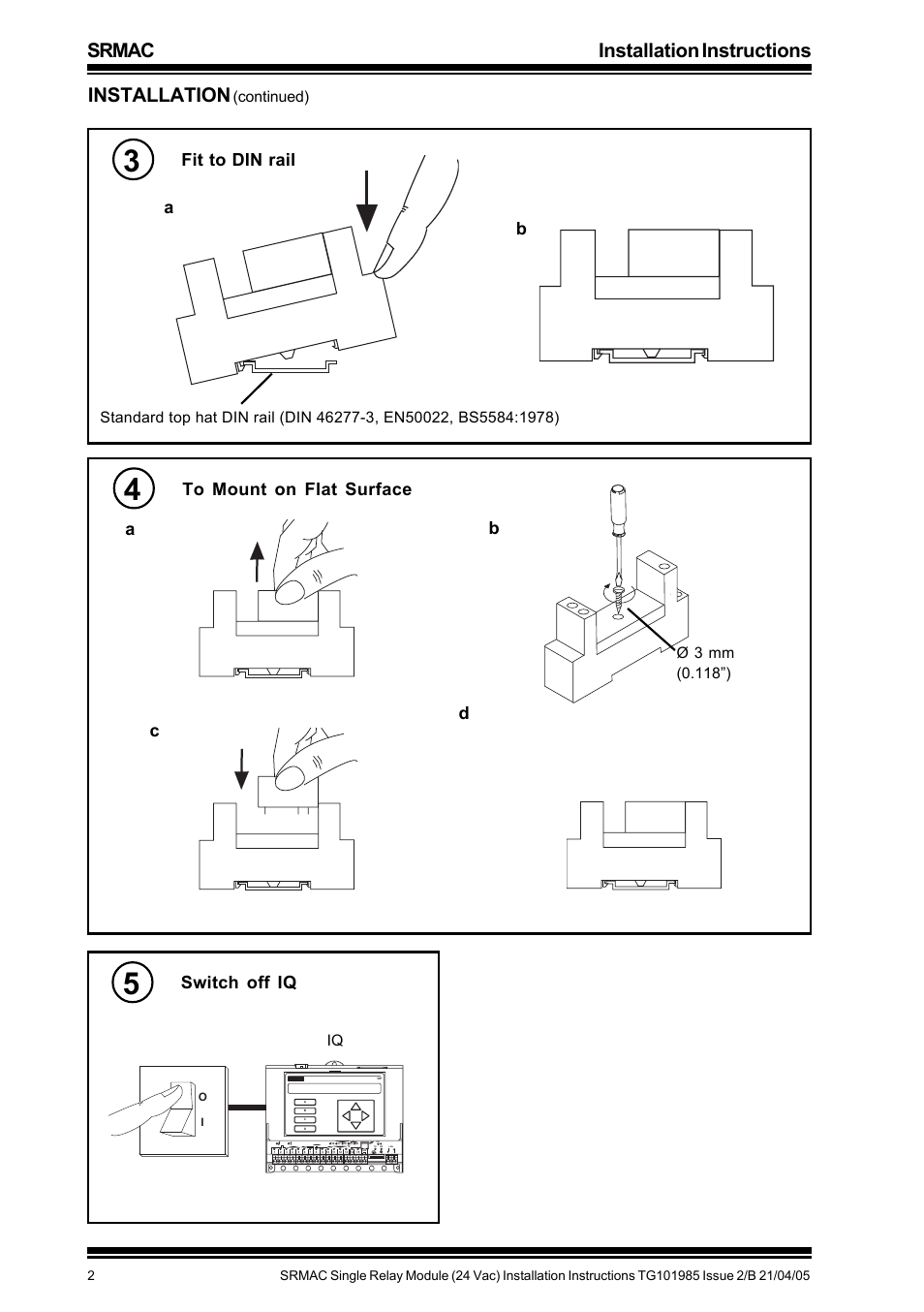 Srmac installation instructions, Installation, Fit to din rail | Ab switch off iq, Ab c d, Continued) | TREND SRMAC User Manual | Page 2 / 4