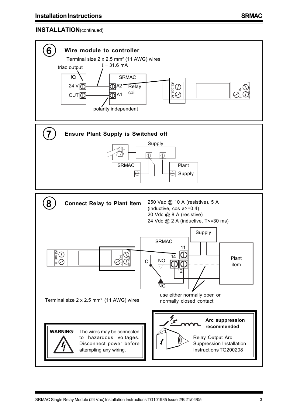 Installation instructions srmac installation, Wire module to controller, Ensure plant supply is switched off | Connect relay to plant item | TREND SRMAC User Manual | Page 3 / 4