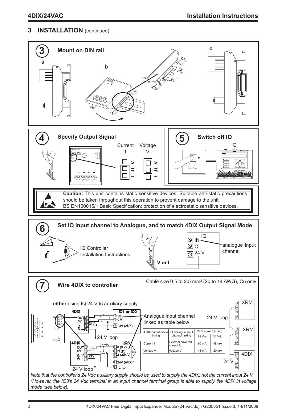 3 installation, 4dix/24vac installation instructions, Mount on din rail | Specify output signal, Ab c, Switch off iq, Wire 4dix to controller, Continued), Current i voltage v, Analogue input channel linked as table below | TREND 4DiX_24Vac User Manual | Page 2 / 4