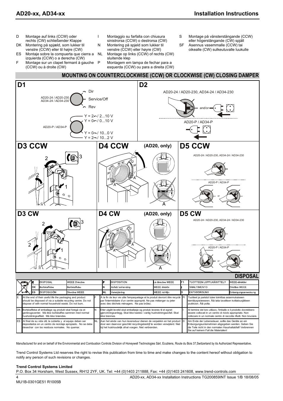 D3 ccw d4 ccw, D5 ccw, D1 d2 | D3 cw d4 cw, D5 cw, Ad20-xx, ad34-xx installation instructions, Disposal, Ad20, only) | TREND AD34-xx User Manual | Page 4 / 4