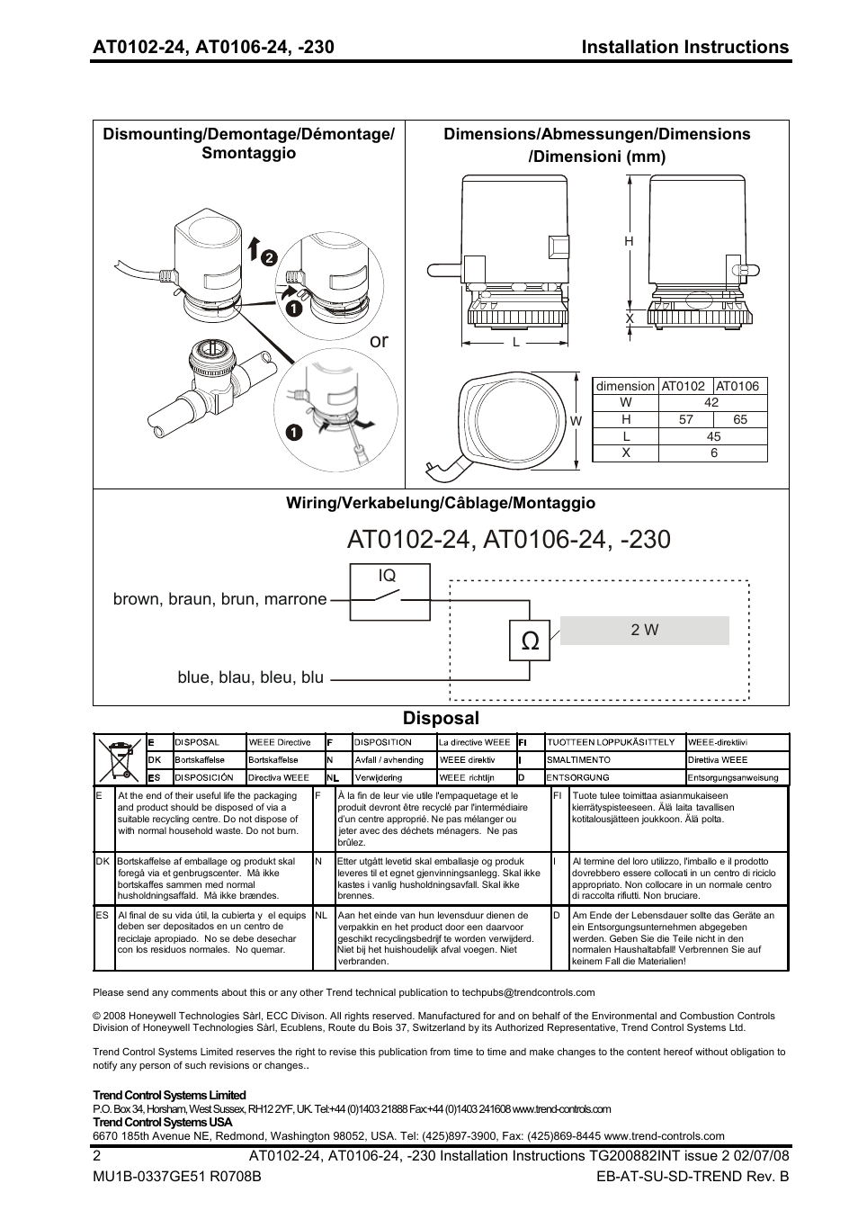 Disposal, Wiring/verkabelung/câblage/montaggio | TREND AT0106-24, -230 User Manual | Page 2 / 2