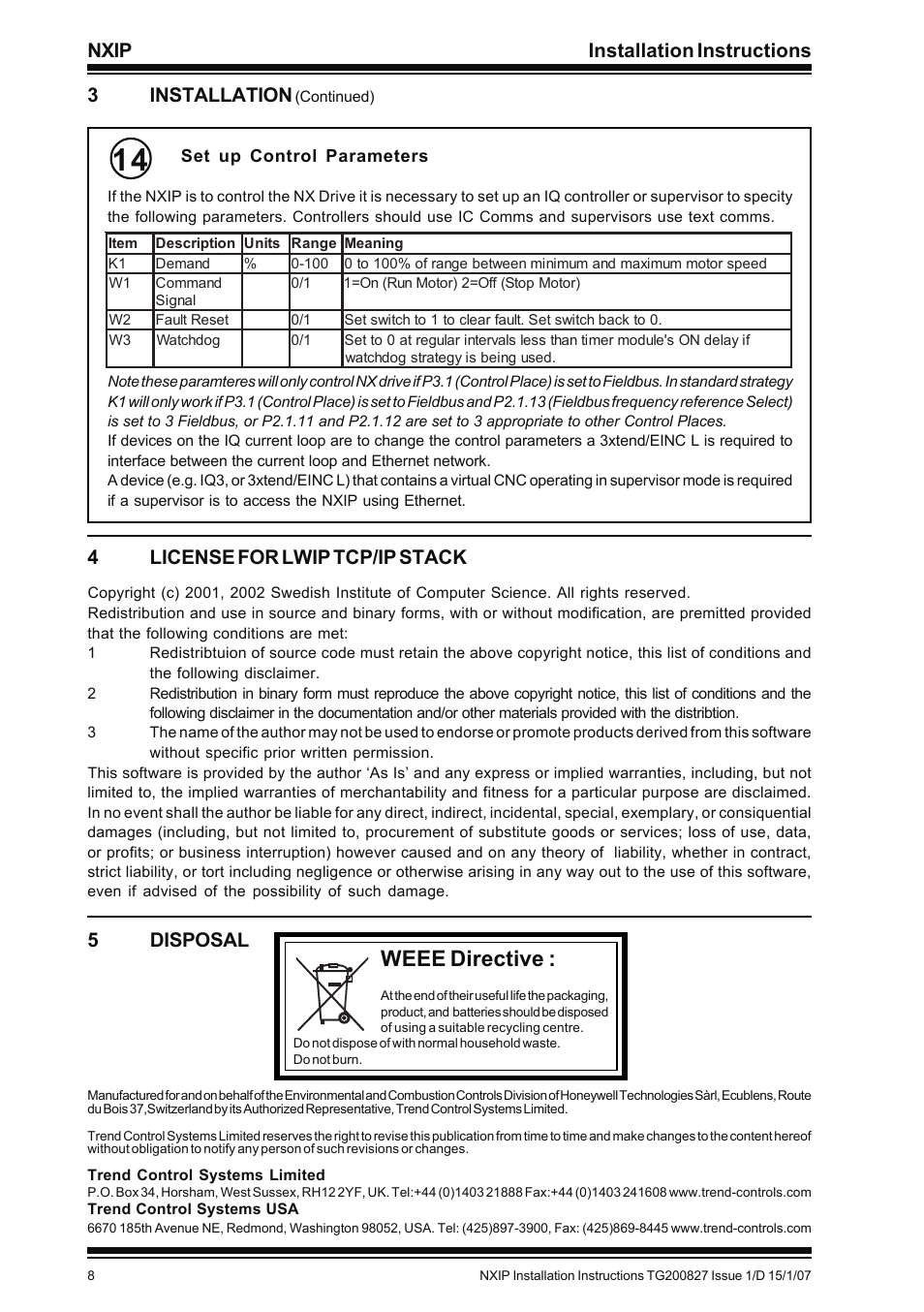 Weee directive, Nxip installation instructions, 3installation | 4license for lwip tcp/ip stack, 5disposal | TREND NXIP User Manual | Page 8 / 8