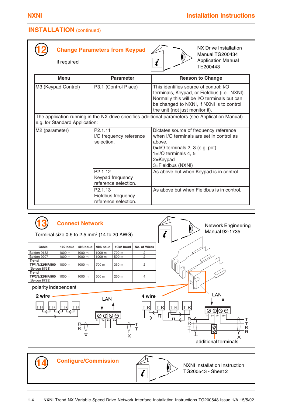 Nxni installation instructions, Installation, Change parameters from keypad | Connect network, Configure/commission | TREND NXNI User Manual | Page 4 / 8