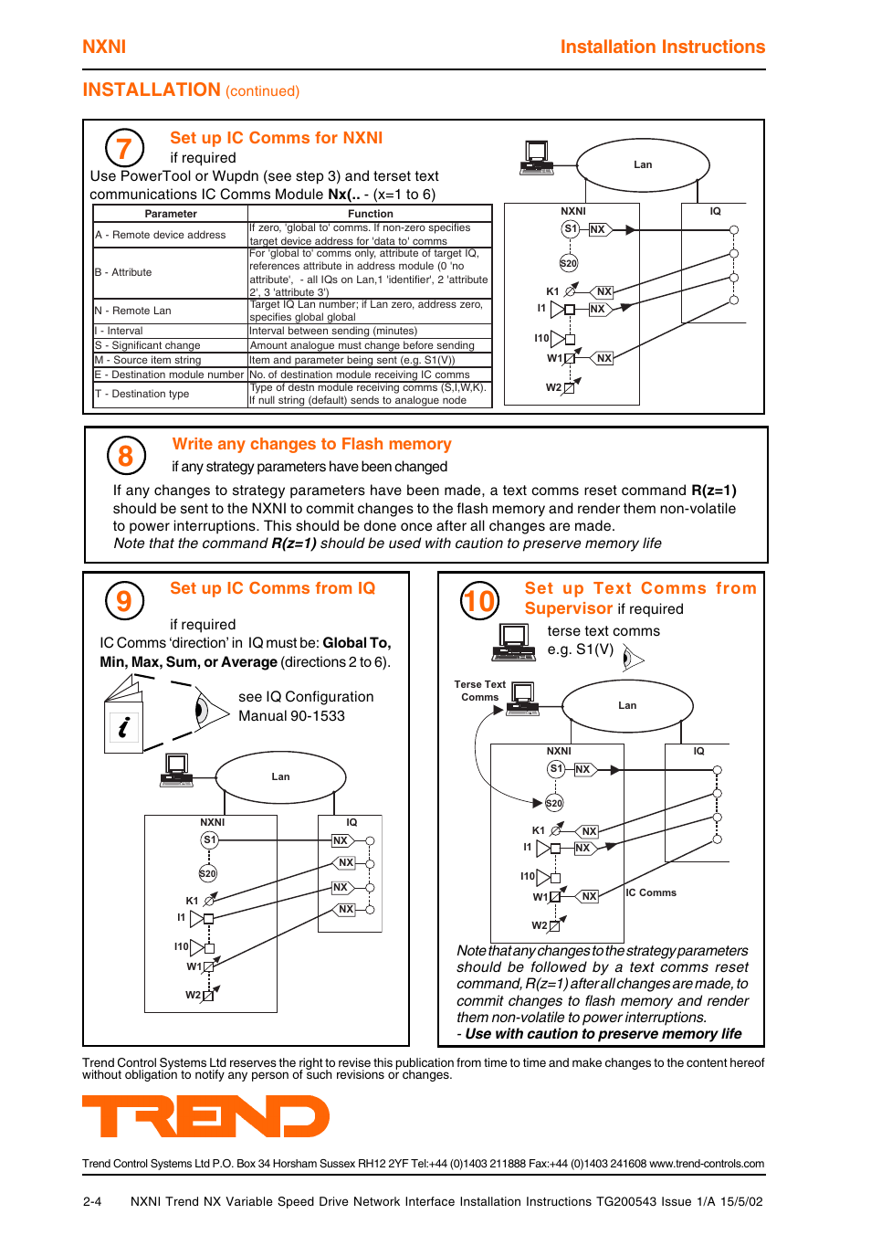 Nxni installation instructions, Installation, Set up ic comms for nxni | Set up ic comms from iq, Set up text comms from supervisor, If required, Terse text comms e.g. s1(v) | TREND NXNI User Manual | Page 8 / 8