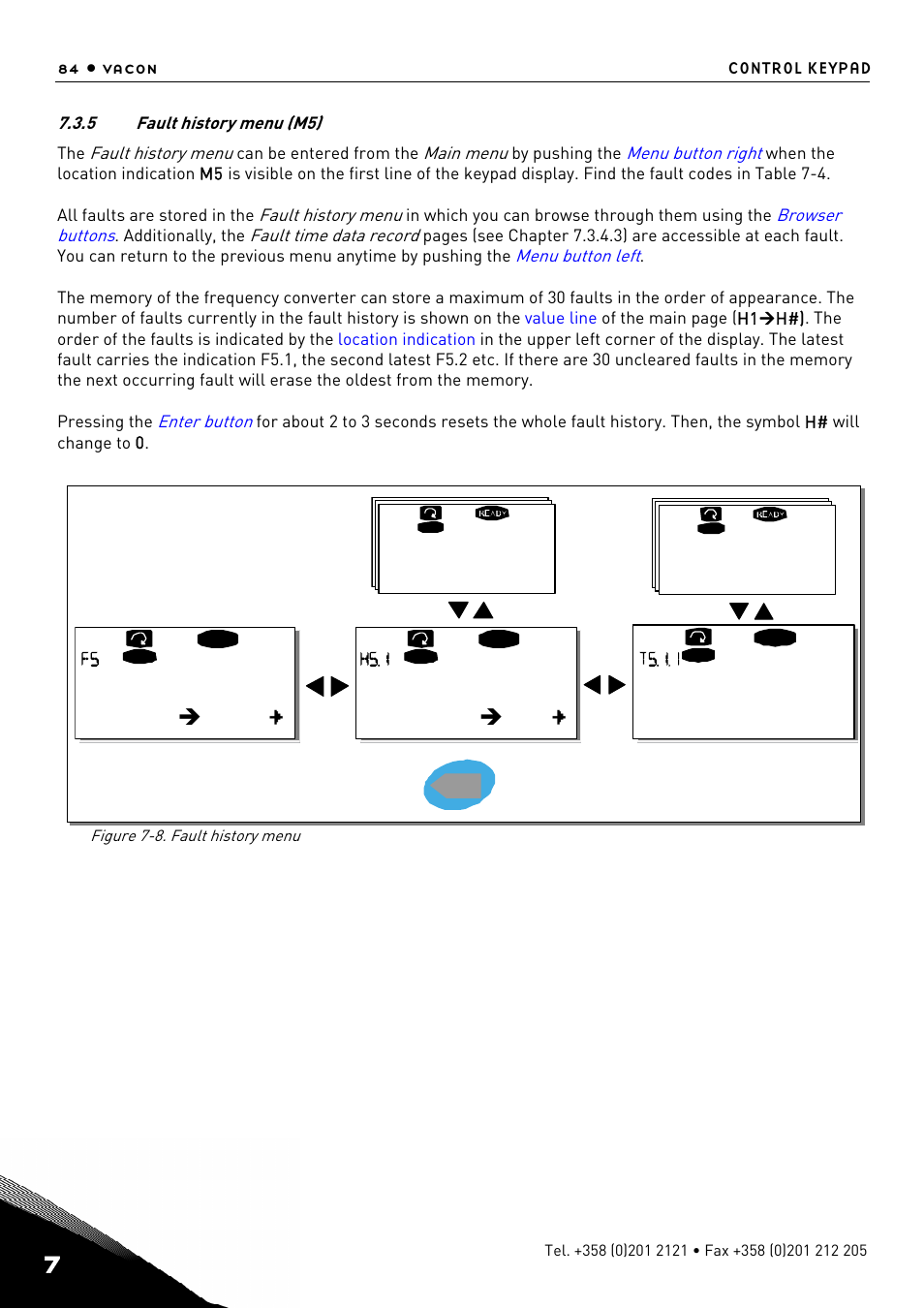 Fault history menu (m5), H1 h3, T1 t7 | Fault history 11 output phase, Operation days, Push to reset | TREND NX Variable Speed Drives User Manual | Page 101 / 136