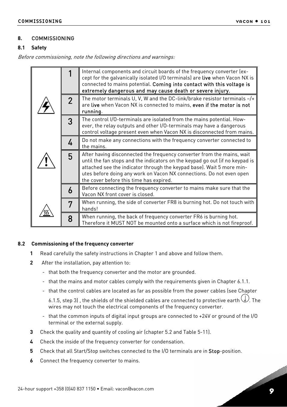 8 commissioning, Commissioning, Safety | Commissioning of the frequency converter | TREND NX Variable Speed Drives User Manual | Page 118 / 136