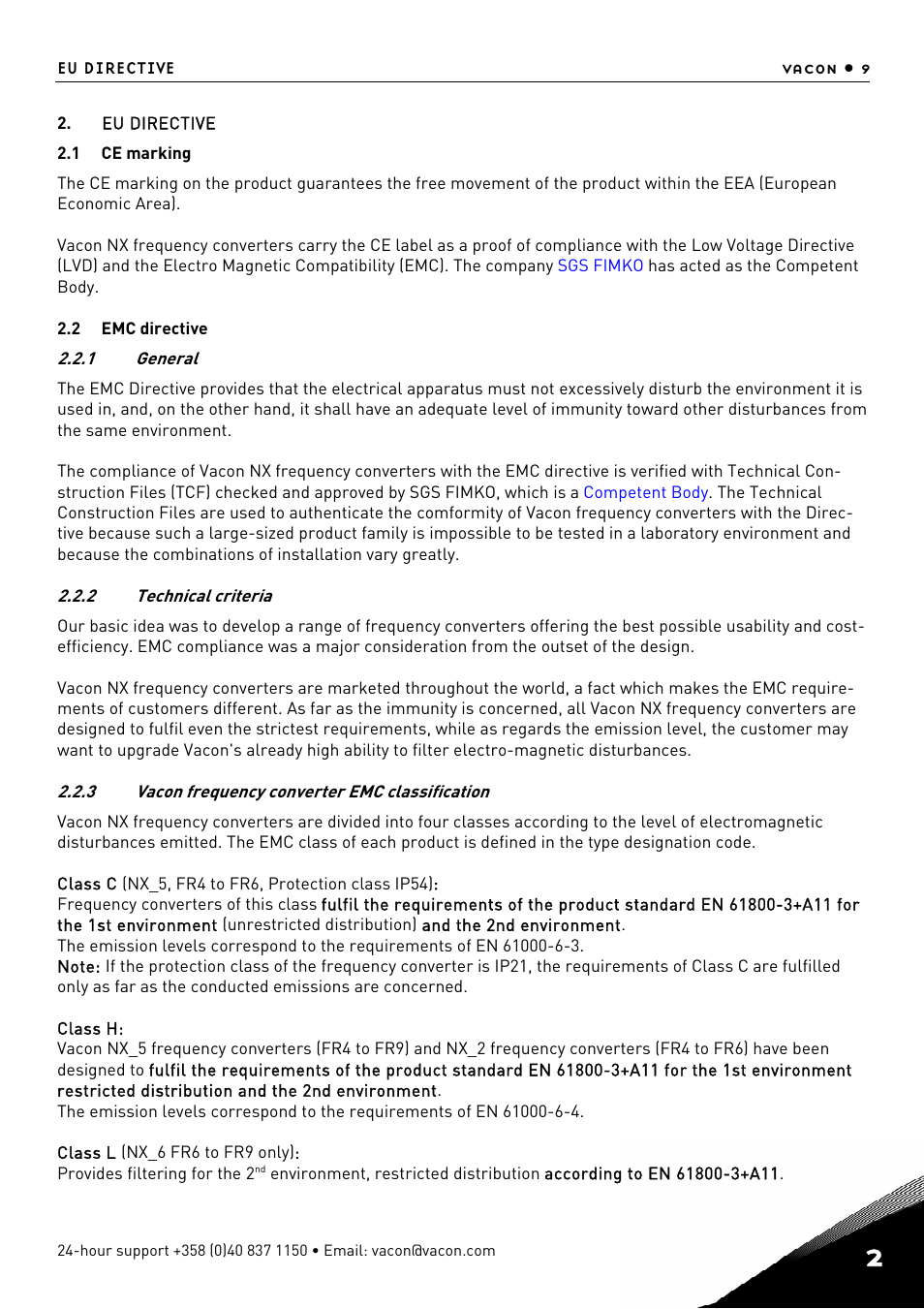 2 eu, Directive, Eu directive | Ce marking, Emc directive, General, Technical criteria, Vacon frequency converter emc classification | TREND NX Variable Speed Drives User Manual | Page 26 / 136