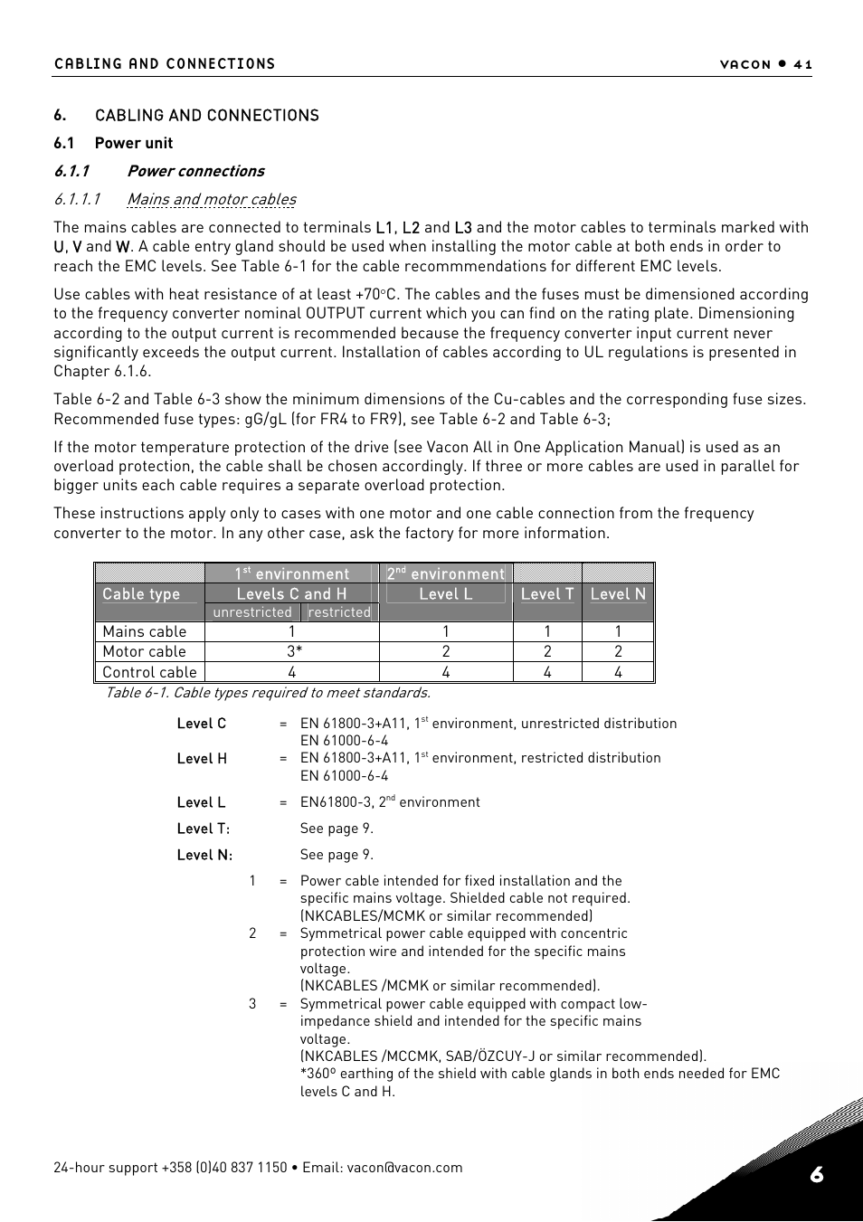 Rs 6.1.1.1 t, Cabling and connections, Power unit | Power connections, Mains and motor cables | TREND NX Variable Speed Drives User Manual | Page 58 / 136