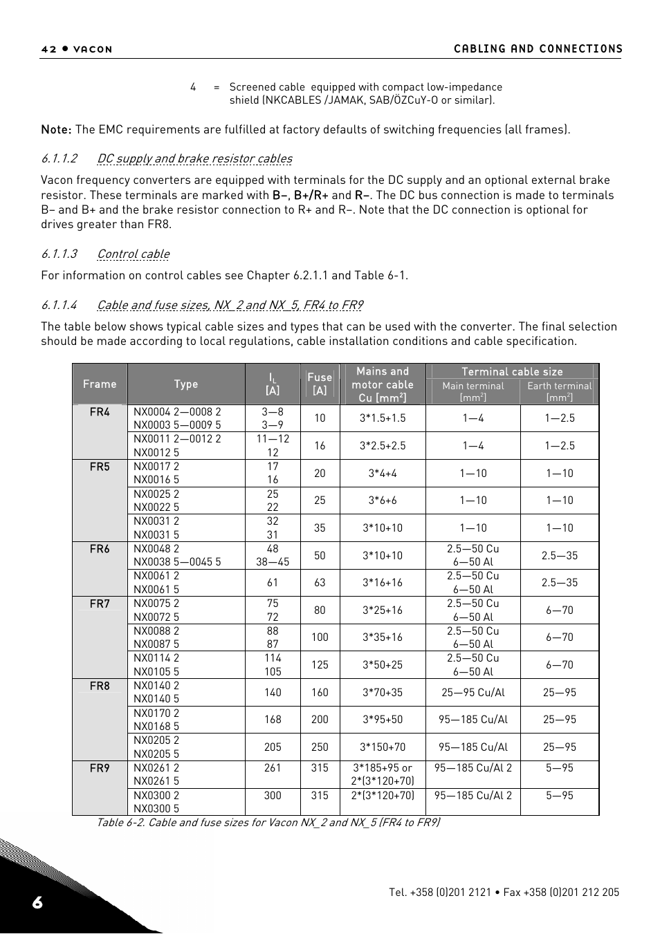 Dc supply and brake resistor cables, Control cable, Cable and fuse sizes, nx_2 and nx_5, fr4 to fr9 | Table 6-2 an, To fr9), see table 6-2 and table 6-3 | TREND NX Variable Speed Drives User Manual | Page 59 / 136