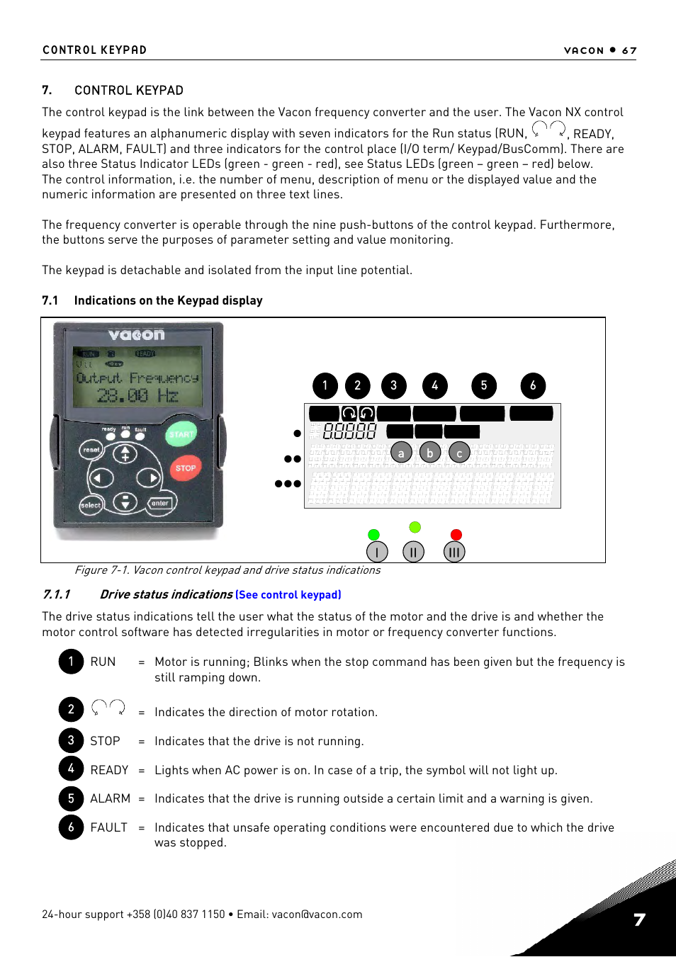 Apter 7, 7 control, Keypad | Control keypad, Indications on the keypad display, Drive status indications | TREND NX Variable Speed Drives User Manual | Page 84 / 136