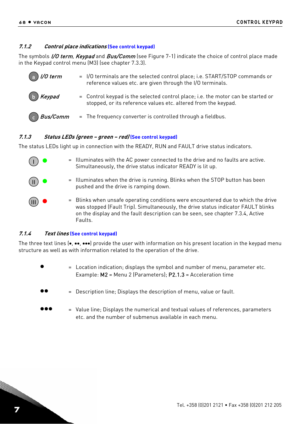 Control place indications, Status leds (green – green – red), Text lines | TREND NX Variable Speed Drives User Manual | Page 85 / 136