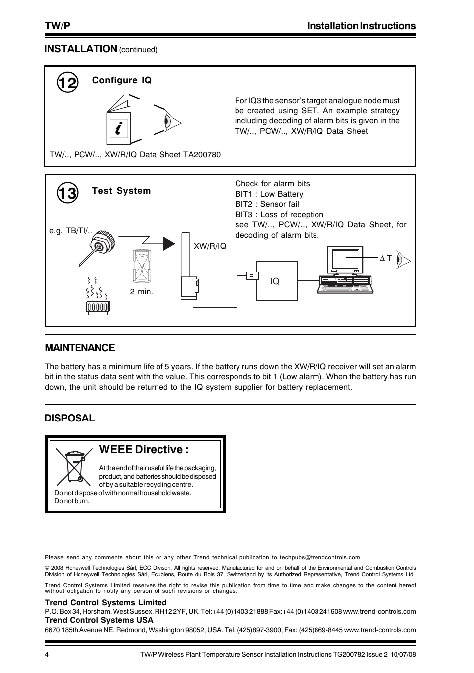 Weee directive, Tw/p installation instructions, Installation | Maintenance, Disposal | TREND TW_P User Manual | Page 4 / 4