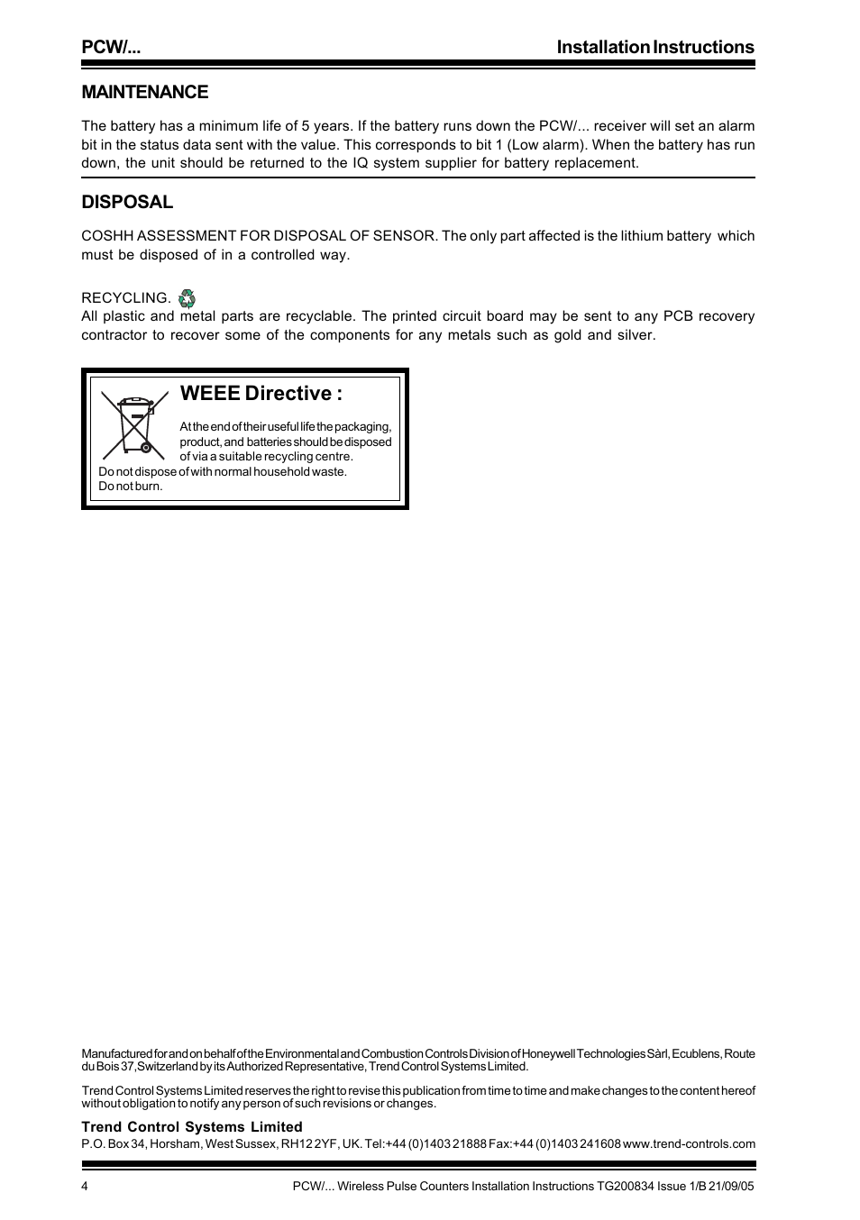 Weee directive, Pcw/... installation instructions, Maintenance | Disposal | TREND PCW_... User Manual | Page 4 / 4