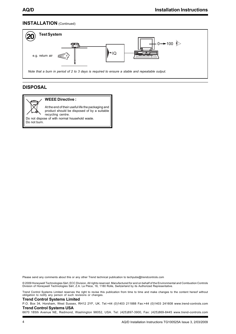 Aq/d installation instructions, Installation, Disposal | TREND AQ_D User Manual | Page 4 / 4