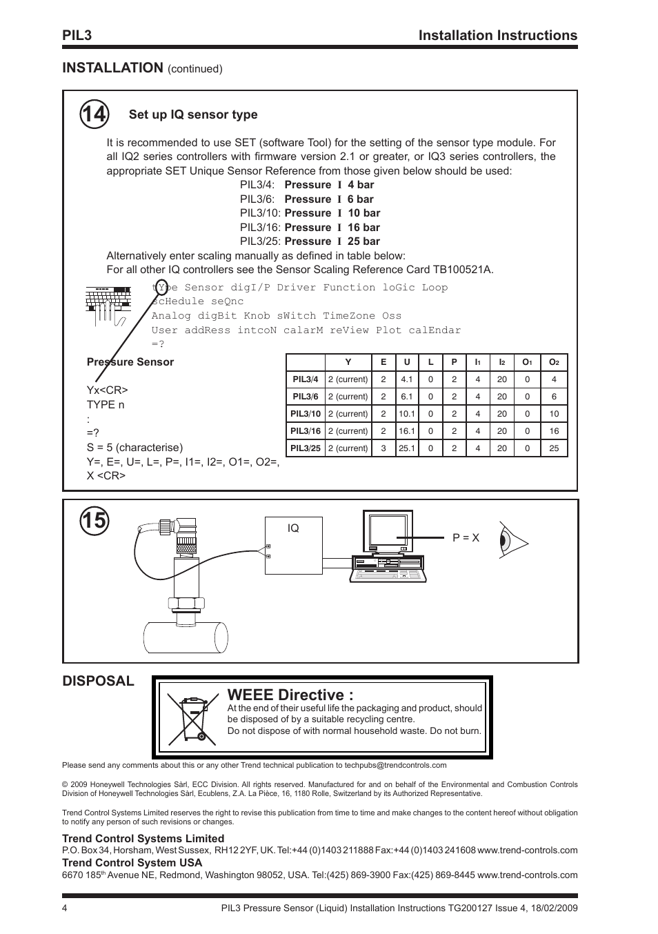 Weee directive, Installation, Disposal | Pil3 installation instructions, Set up iq sensor type | TREND PIl3 User Manual | Page 4 / 4