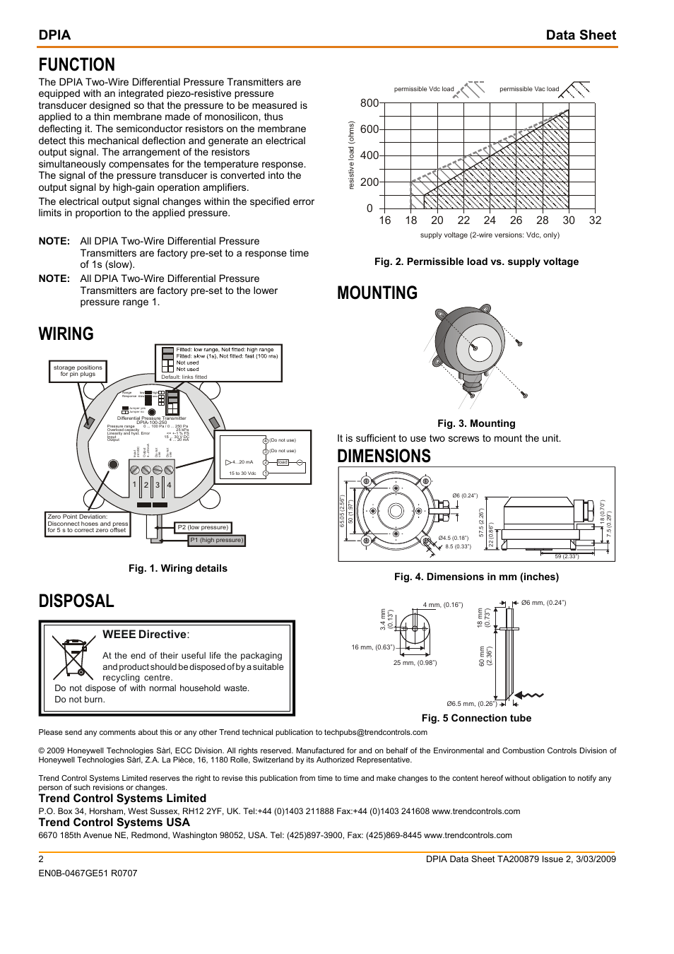 Function, Wiring, Disposal | Mounting, Dimensions, Dpia data sheet, Trend control systems limited, Trend control systems usa, Weee directive, Fig. 1. wiring details | TREND DPIA User Manual | Page 2 / 2