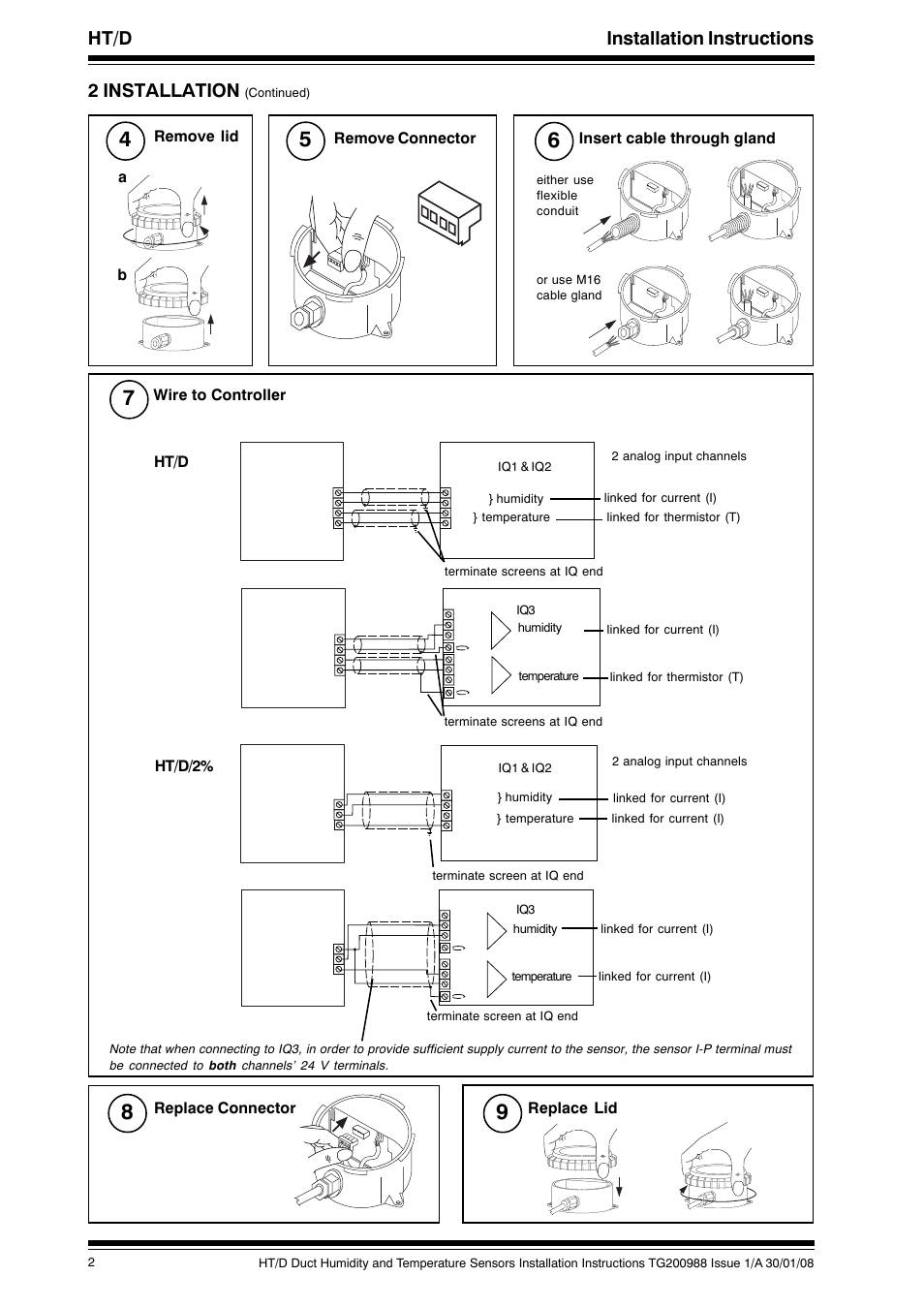 Ht/d installation instructions, 2 installation, Insert cable through gland | Wire to controller ht/d, Ht/d/2, Replace connector remove lid b a remove connector, Replace lid | TREND HT_D User Manual | Page 2 / 4