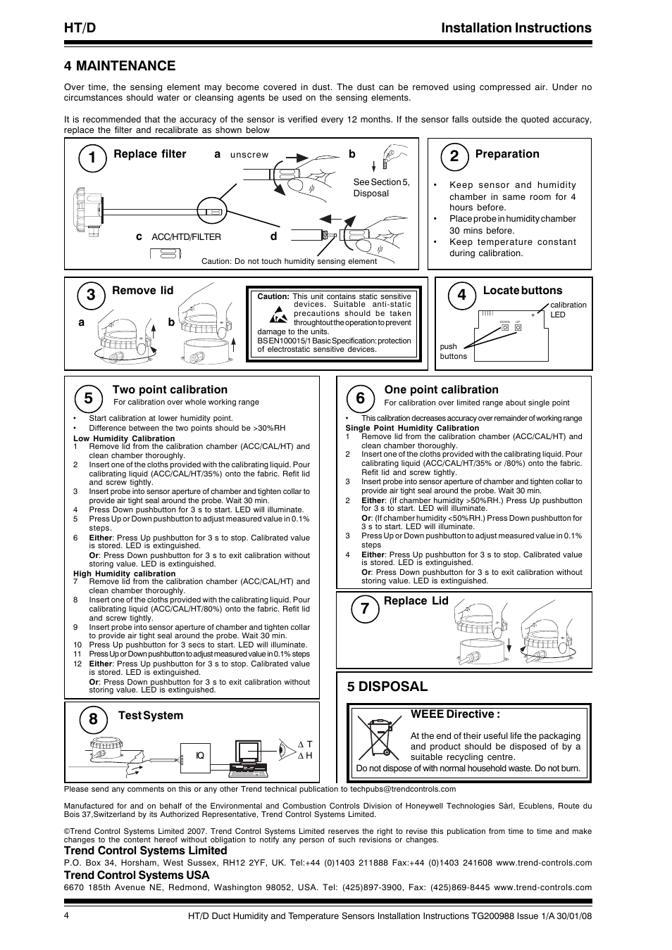 Ht/d installation instructions, 4 maintenance, 5 disposal | Trend control systems limited, Trend control systems usa, Weee directive, Replace filter, Remove lid, Preparation, Locate buttons | TREND HT_D User Manual | Page 4 / 4