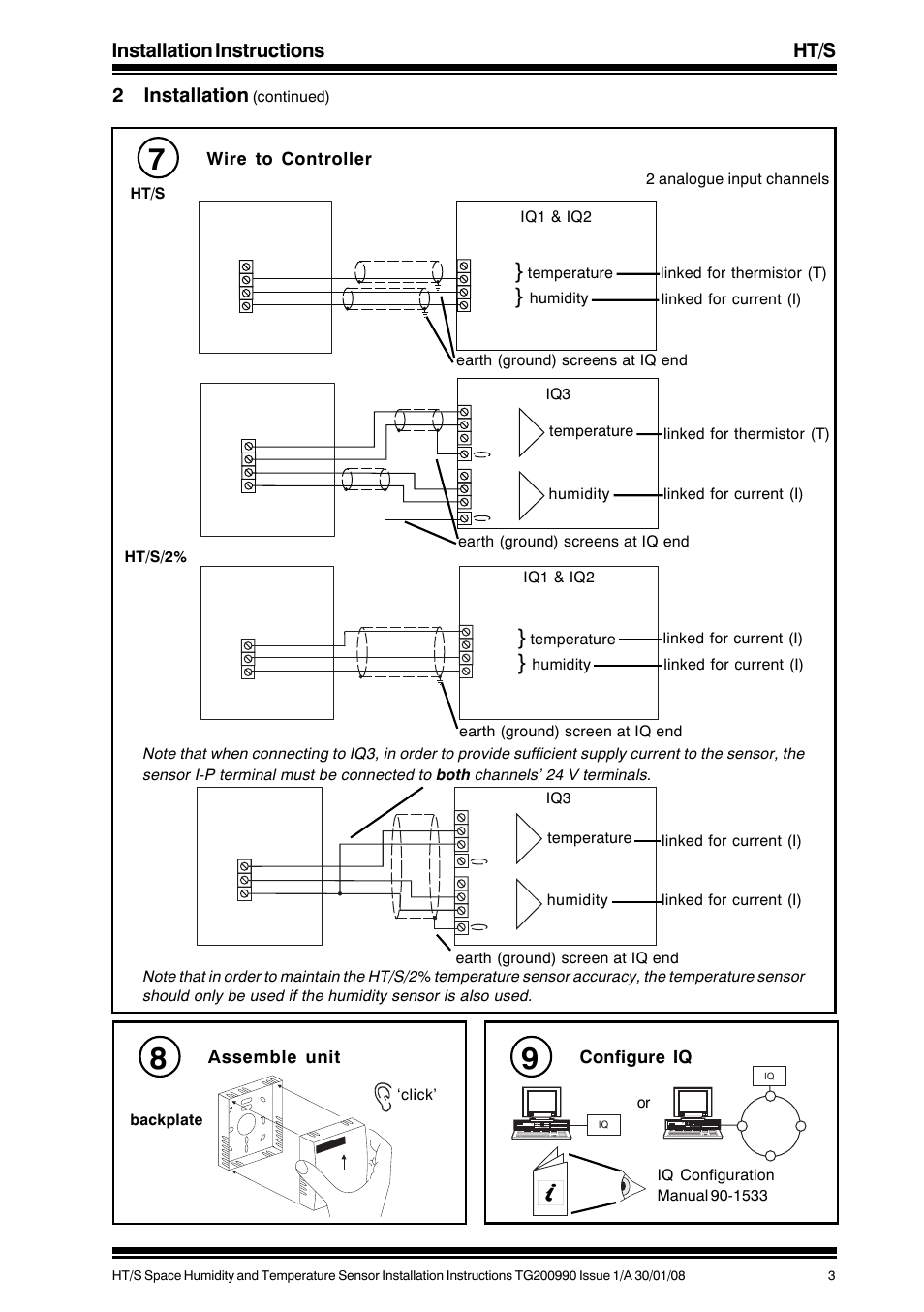 Installation instructions ht/s 2 installation, Wire to controller, Assemble unit | Configure iq | TREND HT_S User Manual | Page 3 / 4