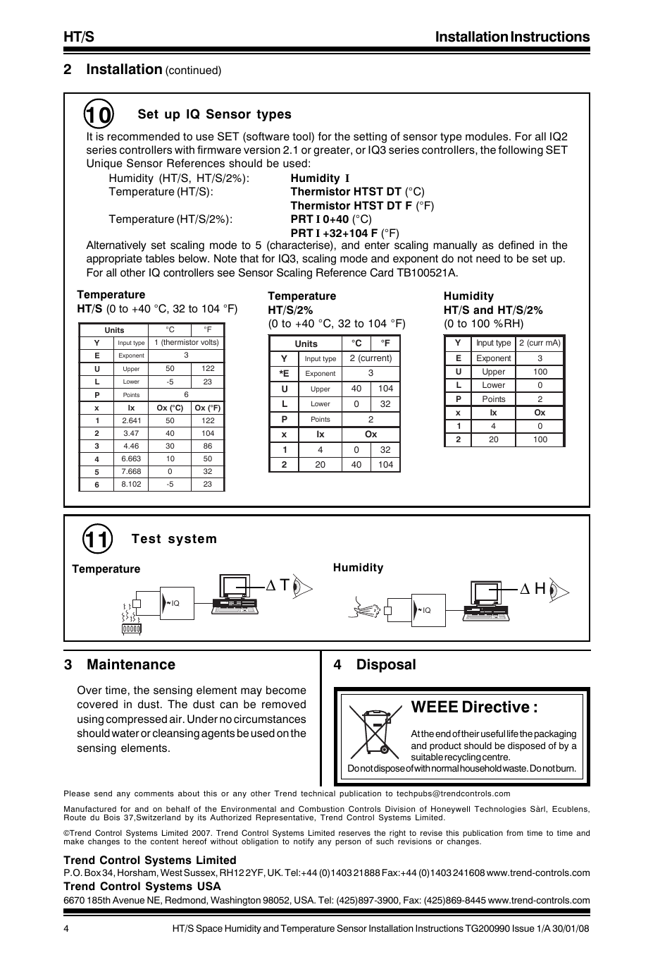 Weee directive, Ht/s installation instructions, 2 installation | 3 maintenance, 4 disposal, Test system, Set up iq sensor types | TREND HT_S User Manual | Page 4 / 4