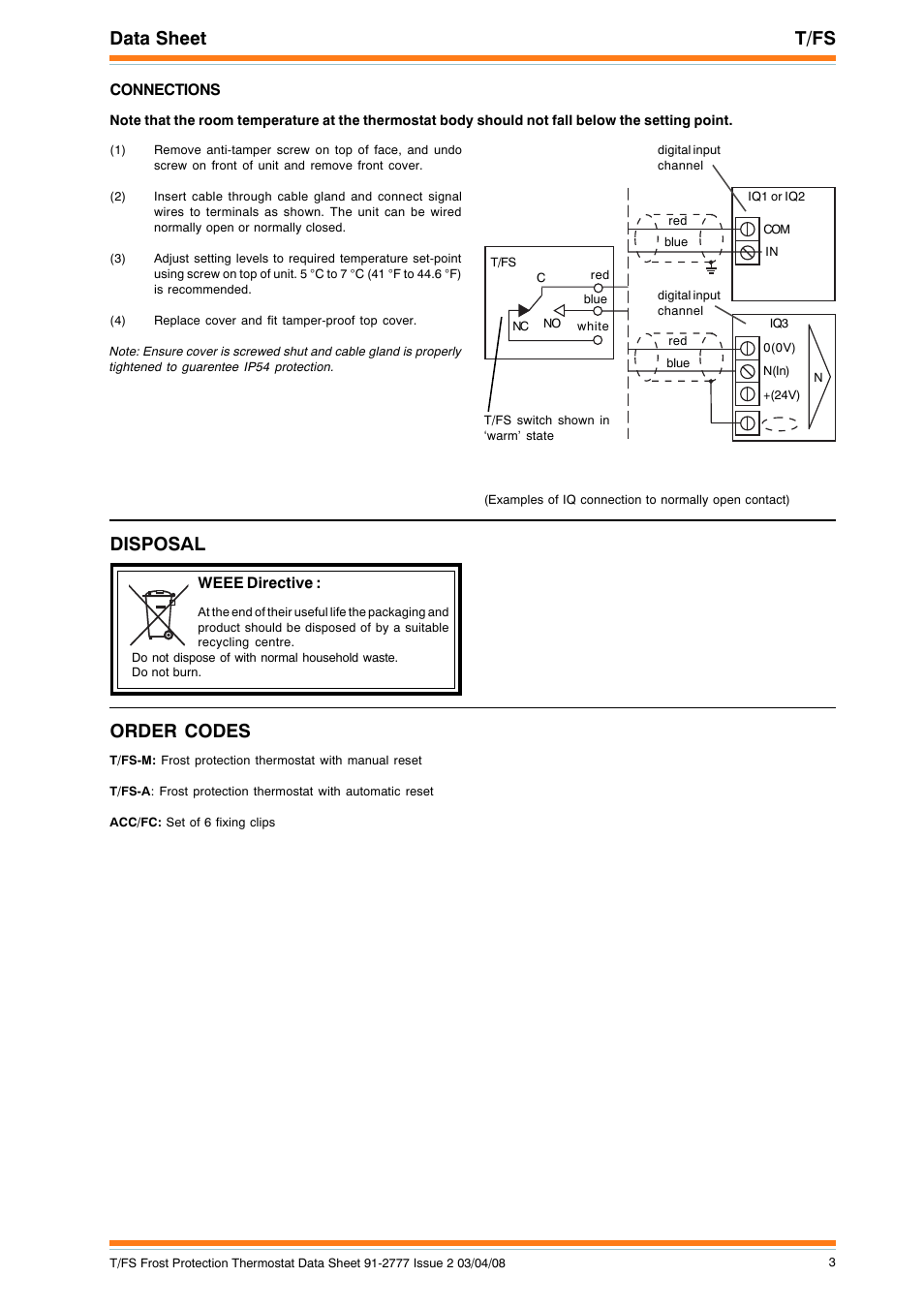 Data sheet t/fs, Disposal order codes | TREND T_FS User Manual | Page 3 / 4