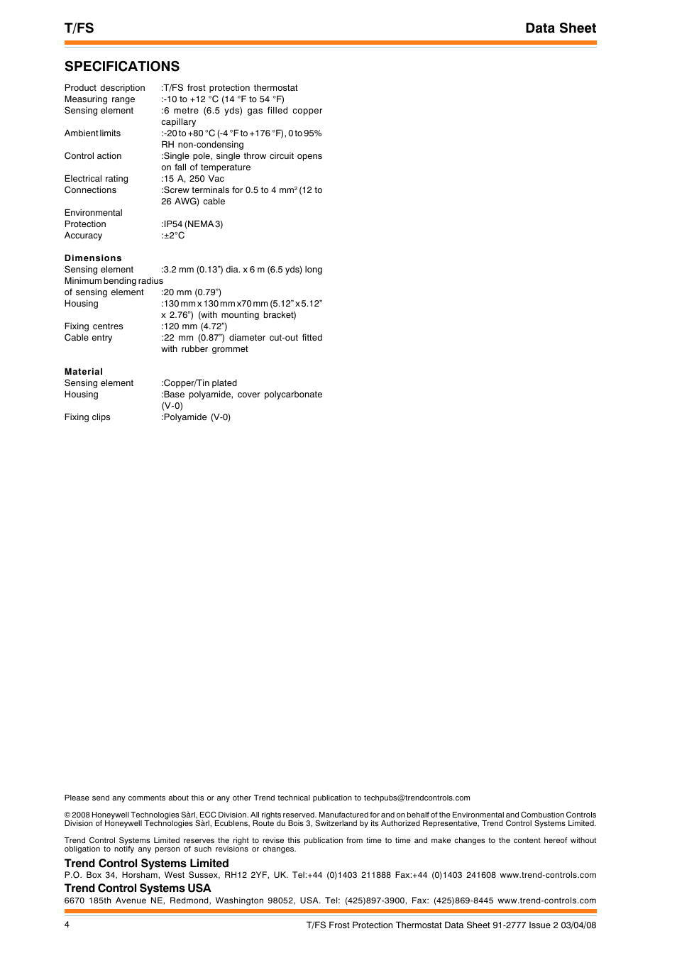 T/fs data sheet, Specifications, Trend control systems limited | Trend control systems usa | TREND T_FS User Manual | Page 4 / 4