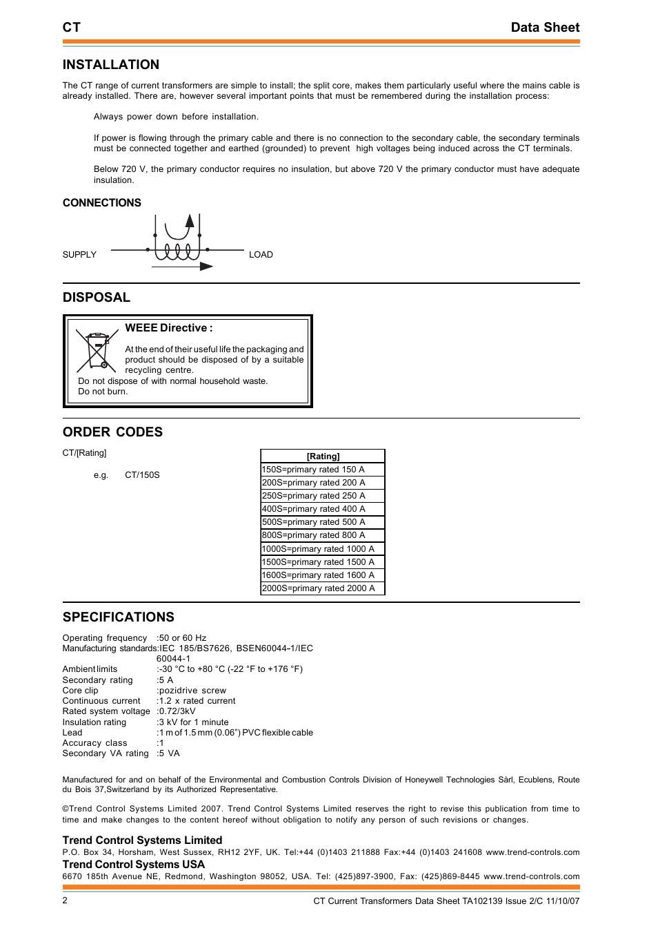 Ct data sheet, Installation, Disposal | Order codes, Specifications, Trend control systems limited, Trend control systems usa, Weee directive, Connections | TREND CT User Manual | Page 2 / 2