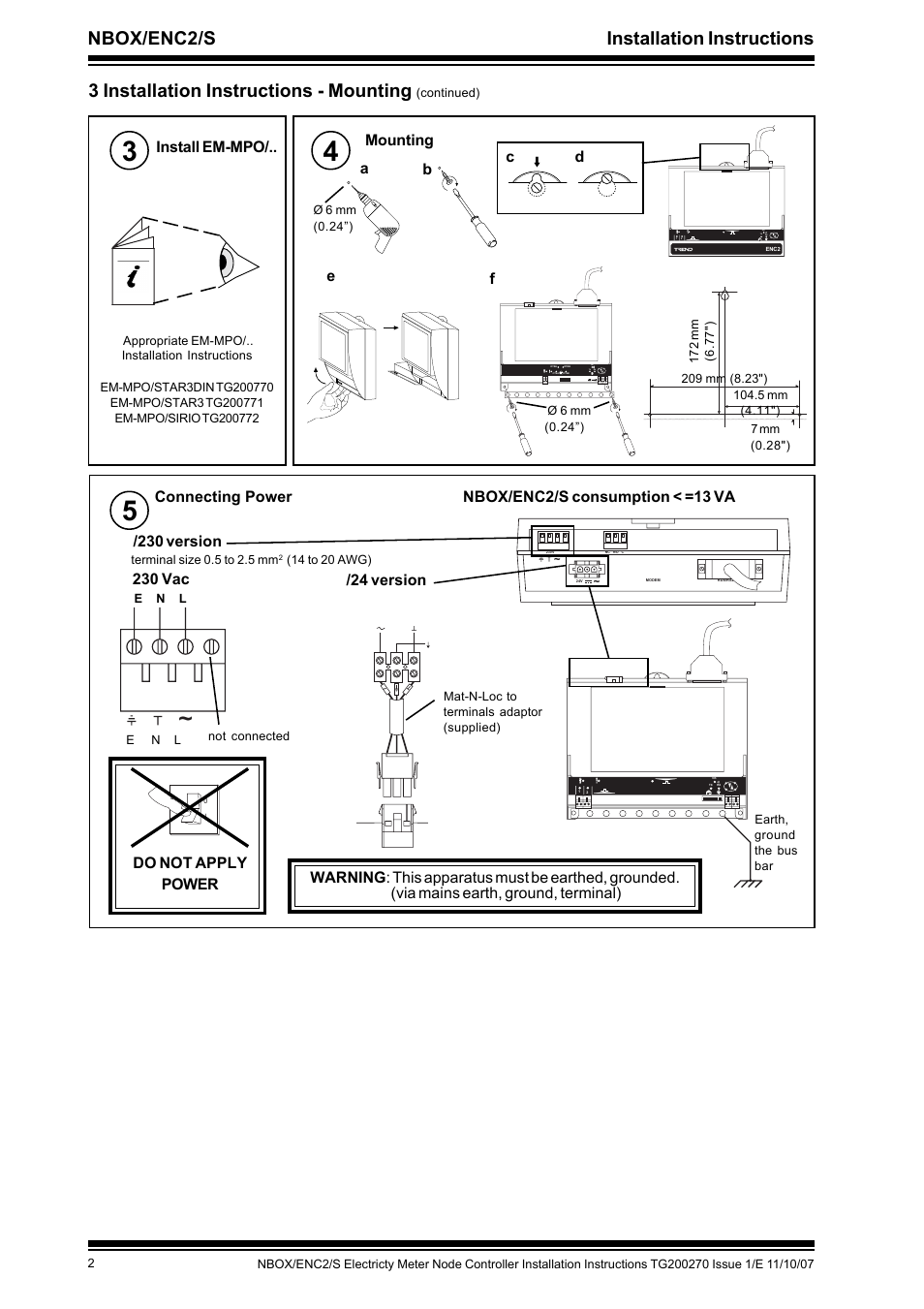 Nbox/enc2/s installation instructions, 3 installation instructions - mounting, Install em-mpo | Mounting, Connecting power, Bc d | TREND NBOX_ENC2_S User Manual | Page 2 / 8