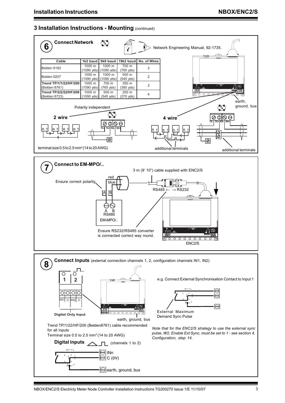 Installation instructions nbox/enc2/s, 3 installation instructions - mounting, Connect network | 2 wire, 4 wire connect to em-mpo, Connect inputs, Digital inputs | TREND NBOX_ENC2_S User Manual | Page 3 / 8
