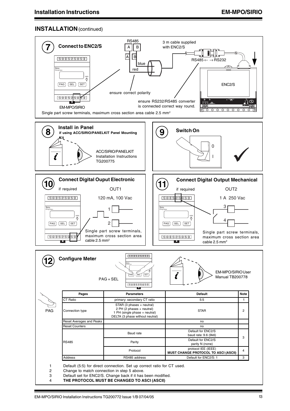 Continued) connect to enc2/s, Switch on, Install in panel | Connect digital output mechanical, Connect digital ouput electronic, Configure meter | TREND EM-MPO_SIRIO User Manual | Page 3 / 4