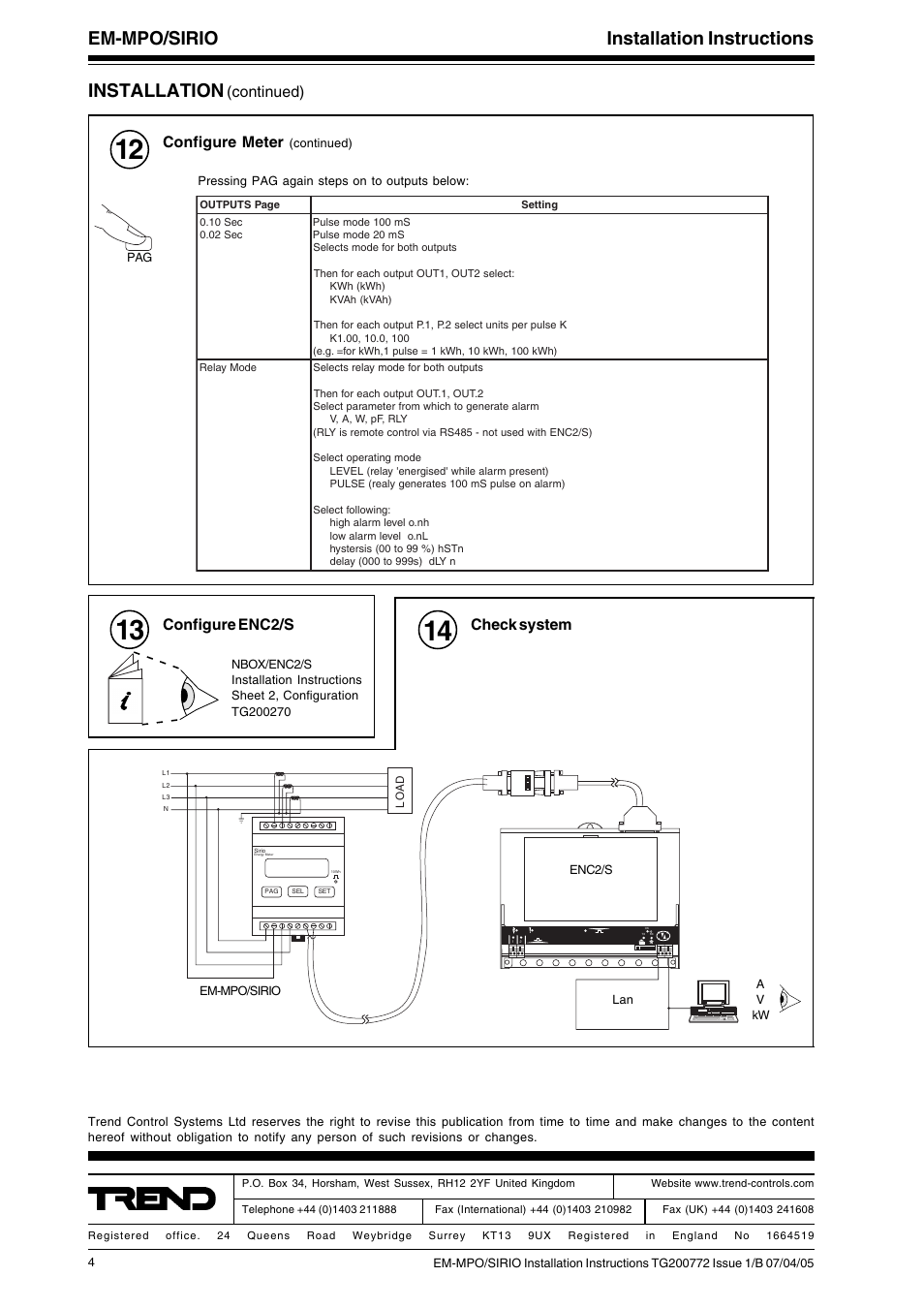 Em-mpo/sirio installation instructions, Installation, Continued) | Check system, Configure enc2/s, Configure meter | TREND EM-MPO_SIRIO User Manual | Page 4 / 4