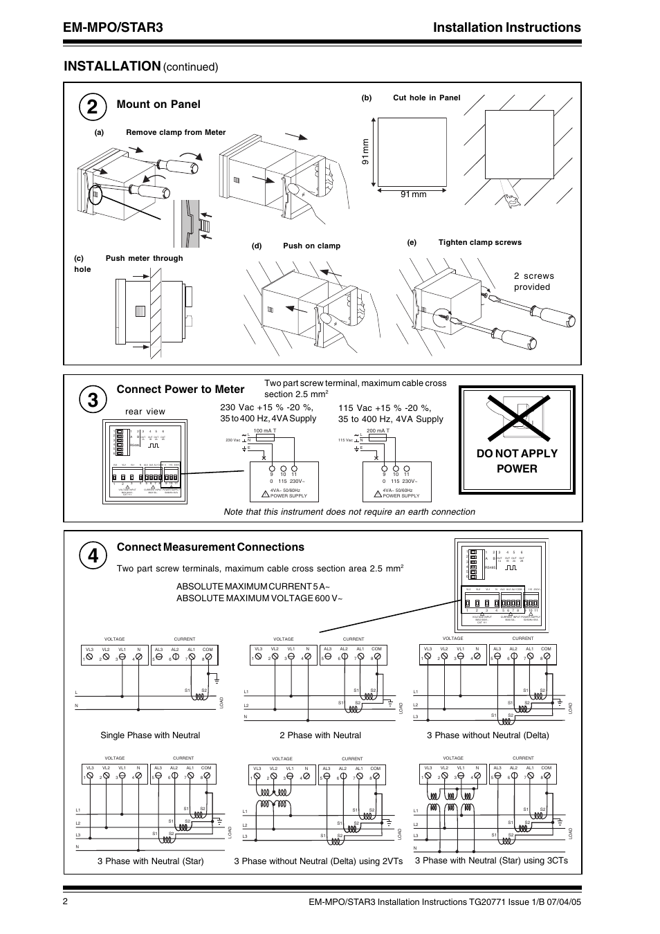 Em-mpo/star3 installation instructions, Installation, Continued) mount on panel | Do not apply power, 91 mm, 91 mm 2 screws provided, A) remove clamp from meter | TREND EM-MPO_STAR3 User Manual | Page 2 / 4