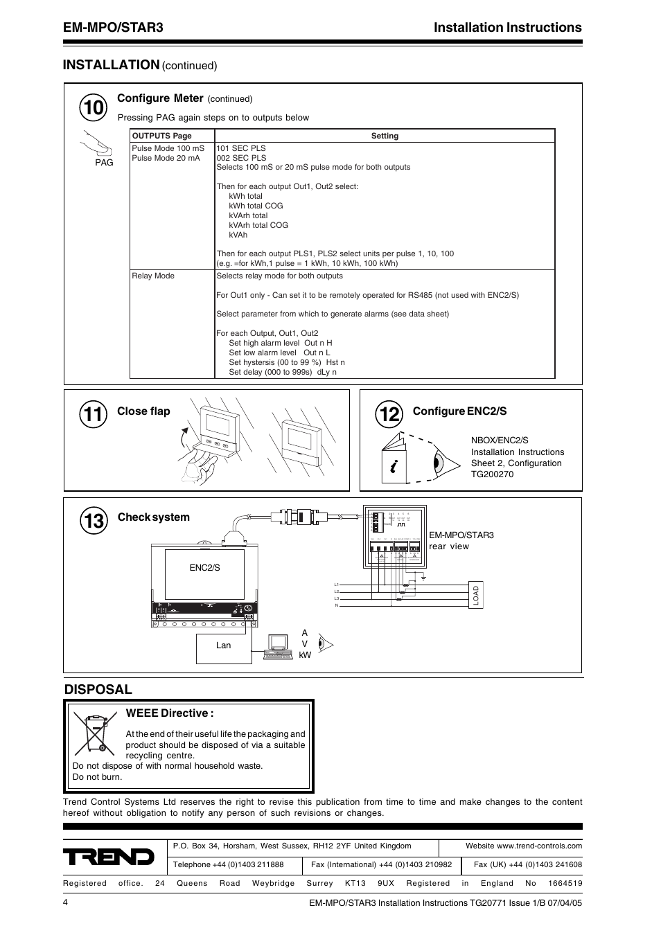 Em-mpo/star3 installation instructions, Installation, Disposal | Weee directive, Configure enc2/s, Close flap, Check system, Continued), Configure meter | TREND EM-MPO_STAR3 User Manual | Page 4 / 4