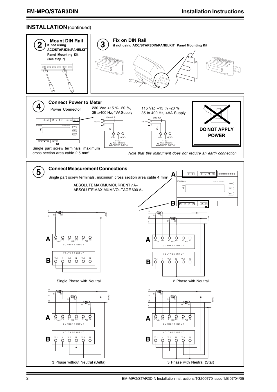 Em-mpo/star3din installation instructions, Installation, Mount din rail | Continued) fix on din rail, Do not apply power | TREND EM-MPO_STAR3DIN User Manual | Page 2 / 4