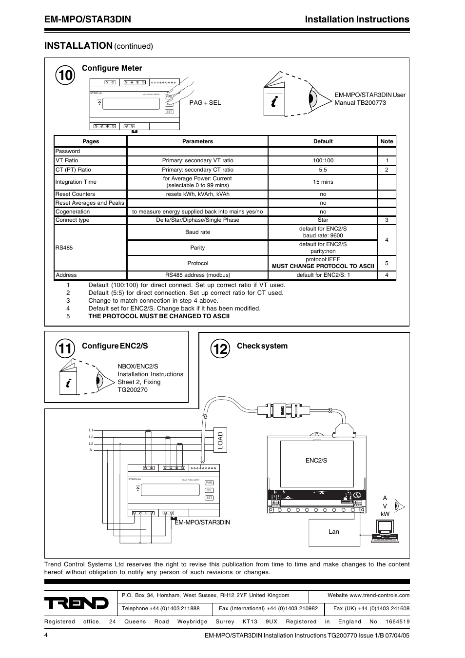 Em-mpo/star3din installation instructions, Installation, Configure meter | Continued), Check system, Configure enc2/s | TREND EM-MPO_STAR3DIN User Manual | Page 4 / 4