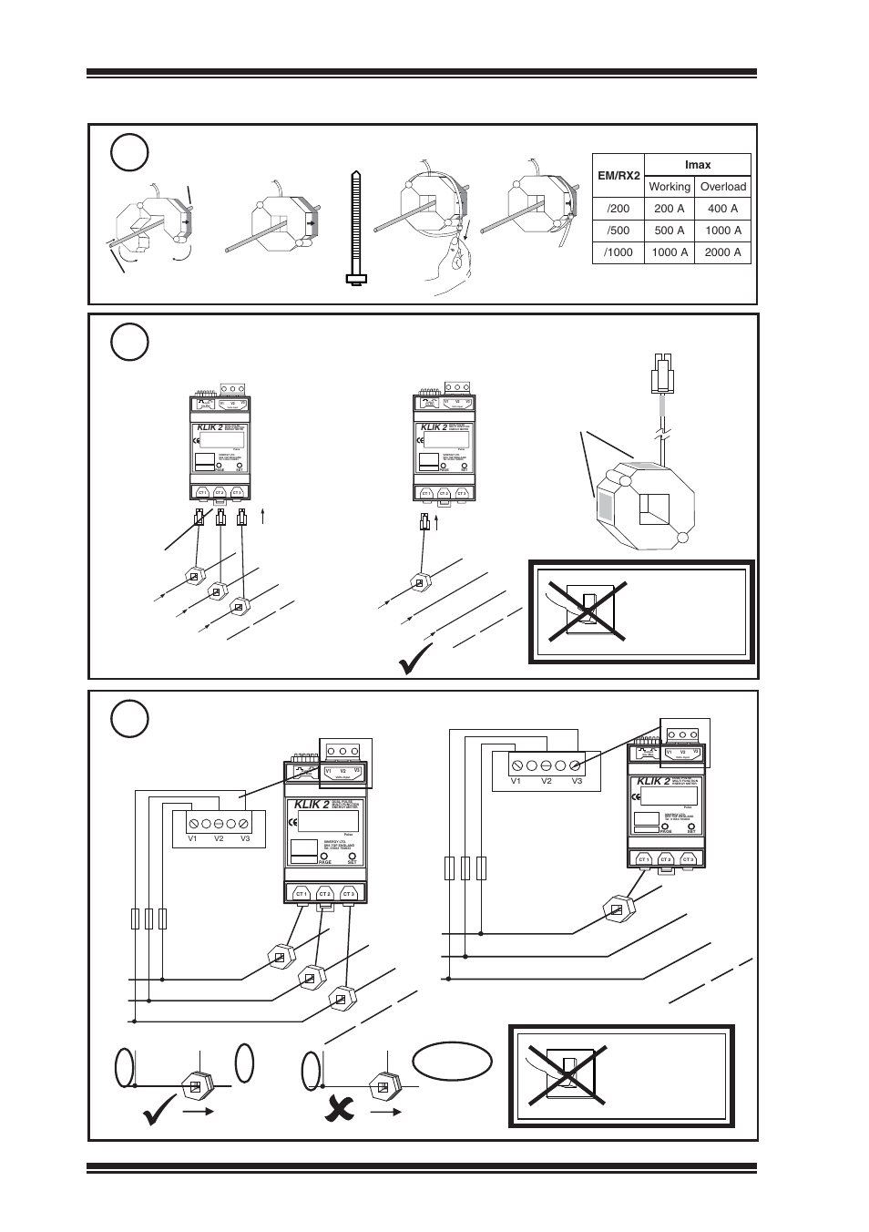V 1 ct 1 ct 2 or 3, Em/rx2 installation instructions, Installation | Ab c d e, Do not switch on, Fit cts to conductors, Connect meter to cts, Connect meter to supply, Continued), Supply load v | TREND EM_RX2 User Manual | Page 2 / 4