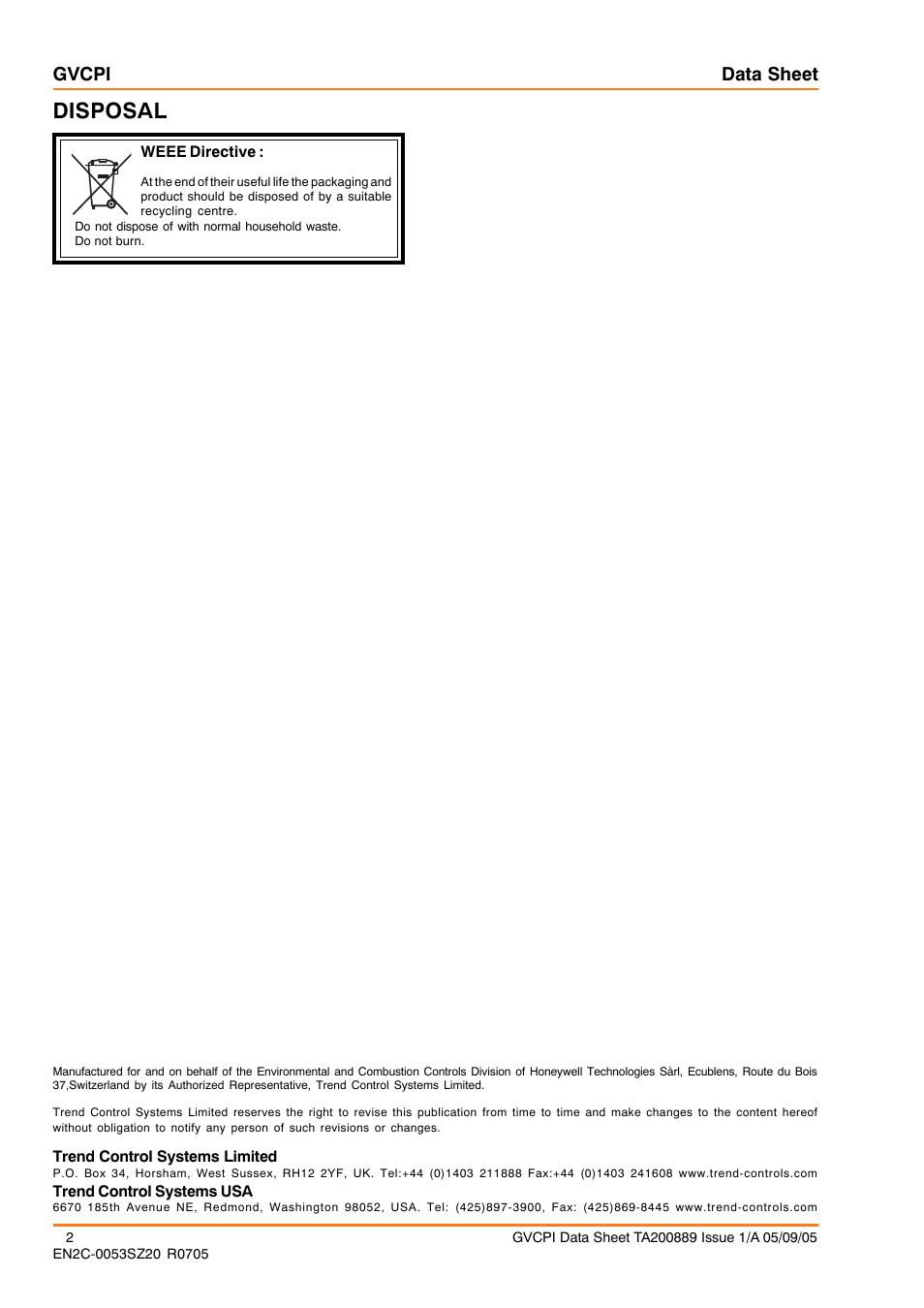 Disposal, Gvcpi data sheet | TREND GVCPI User Manual | Page 2 / 2