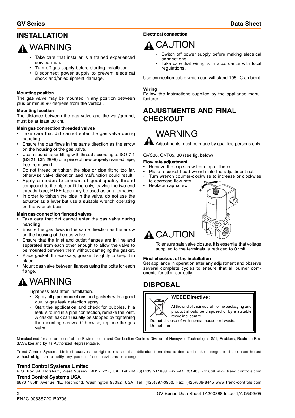 Warning, Caution, Installation | Adjustments and final checkout, Disposal, Gv series data sheet | TREND GV Series User Manual | Page 2 / 2