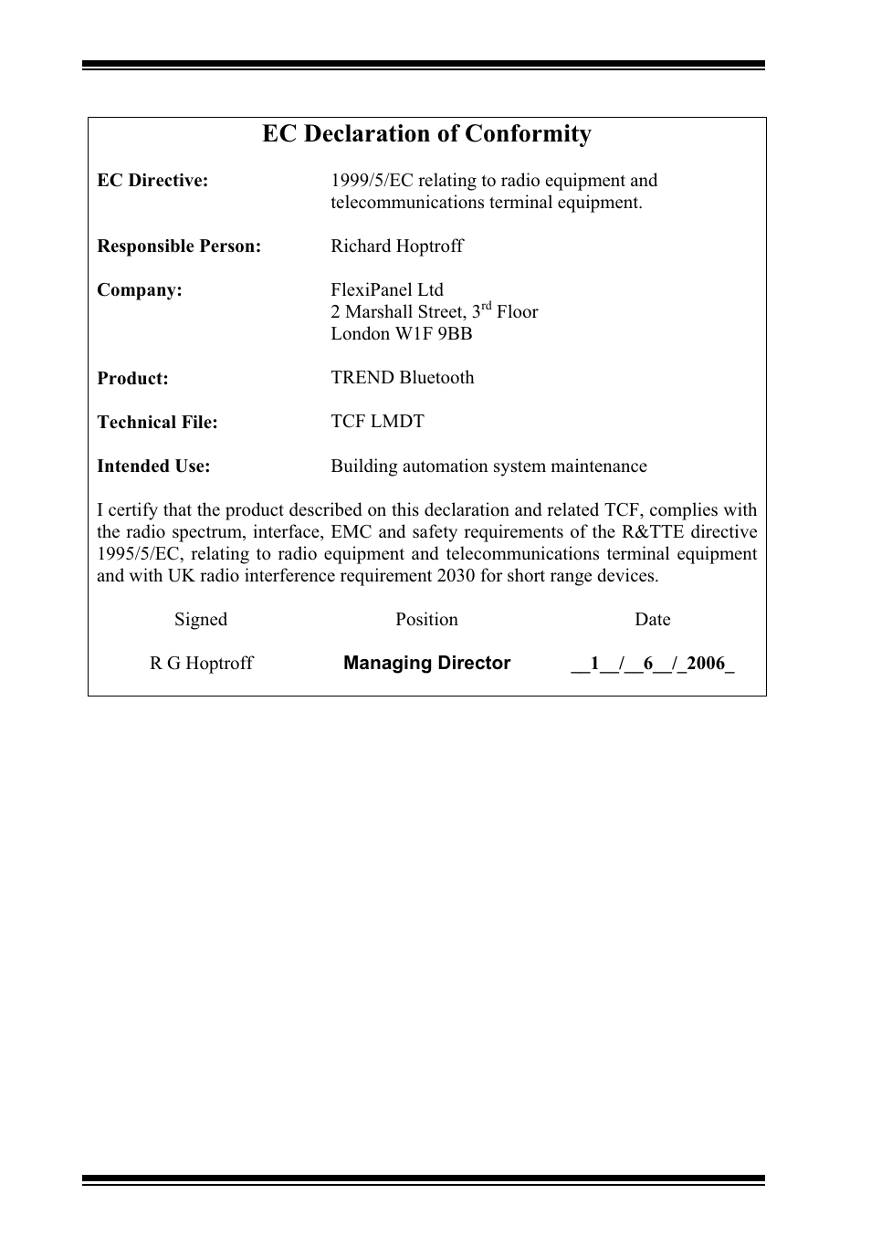 Ec declaration of conformity | TREND Bluetooth Supervisor Port Adaptor User Manual | Page 8 / 8