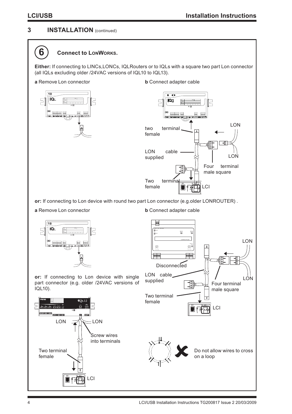 Lci/usb installation instructions 3 installation, Connect to l, A remove lon connector b connect adapter cable | TREND LCI_USB User Manual | Page 4 / 8