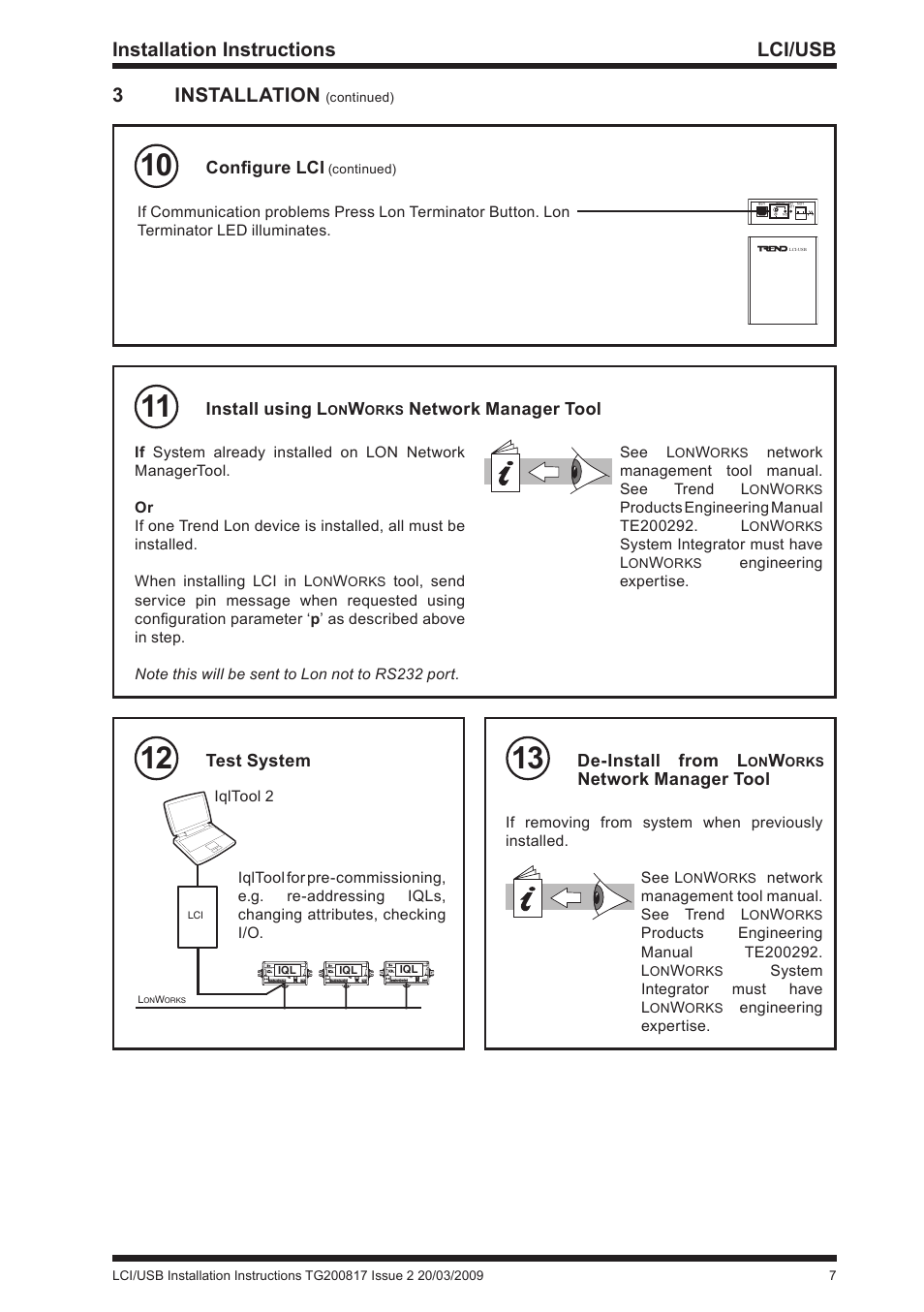 Installation instructions lci/usb, 3installation, Configure lci | Install using l, Network manager tool, Test system, De-install from l | TREND LCI_USB User Manual | Page 7 / 8