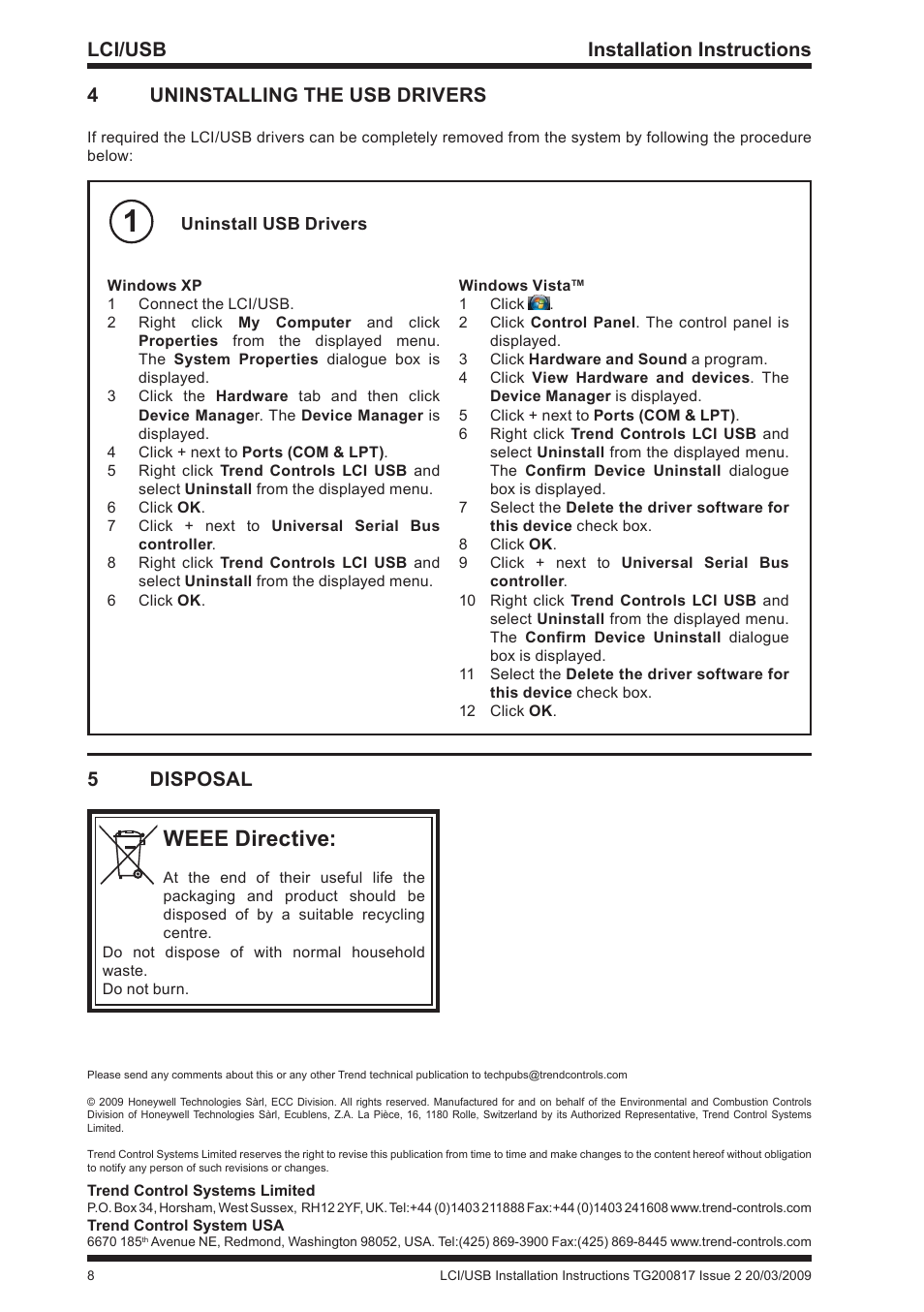 Weee directive, Lci/usb installation instructions, 4uninstalling the usb drivers | 5disposal | TREND LCI_USB User Manual | Page 8 / 8